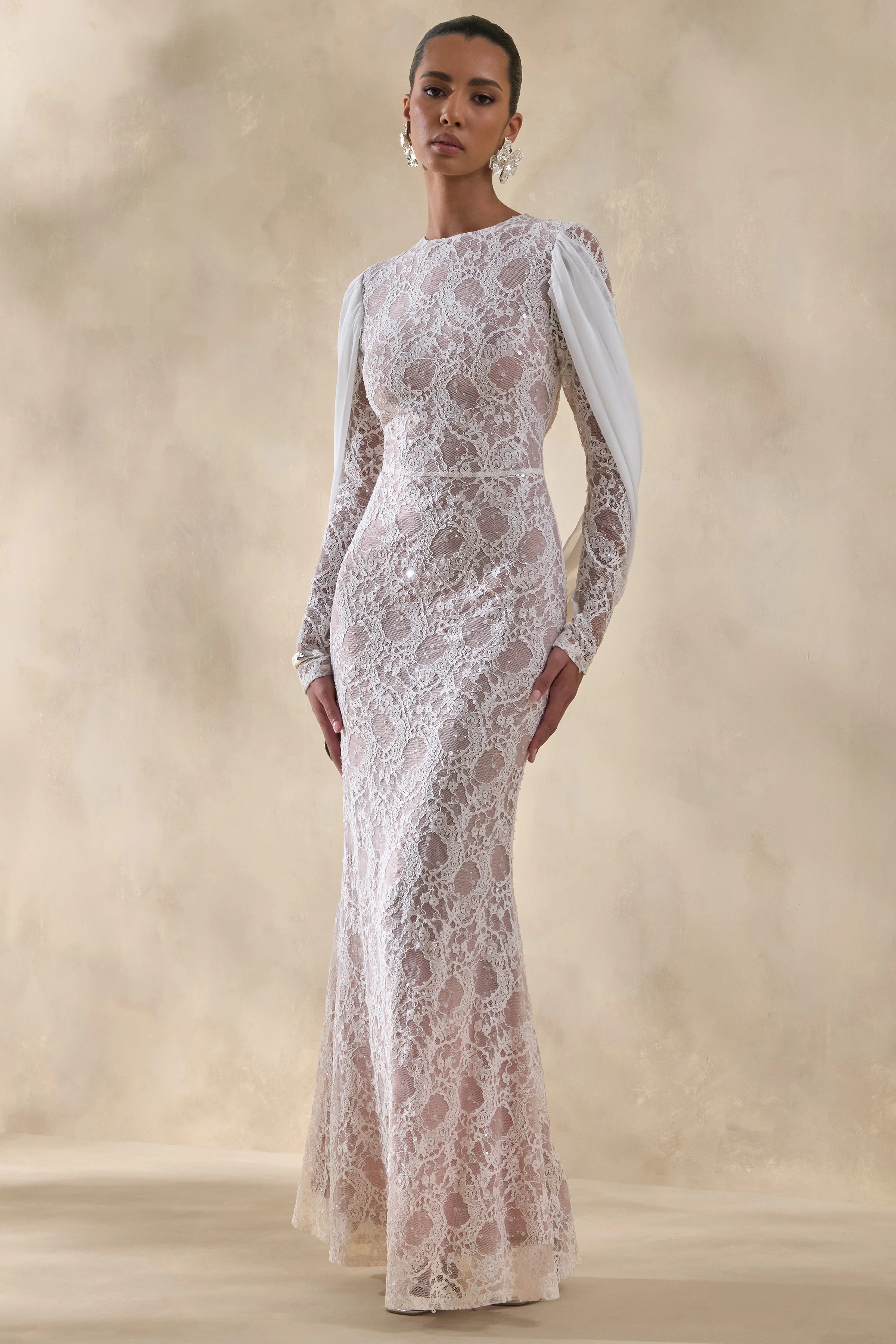 Nabina | White Lace Crew-Neck Maxi Dress With Draped Back-Detail - Image 4