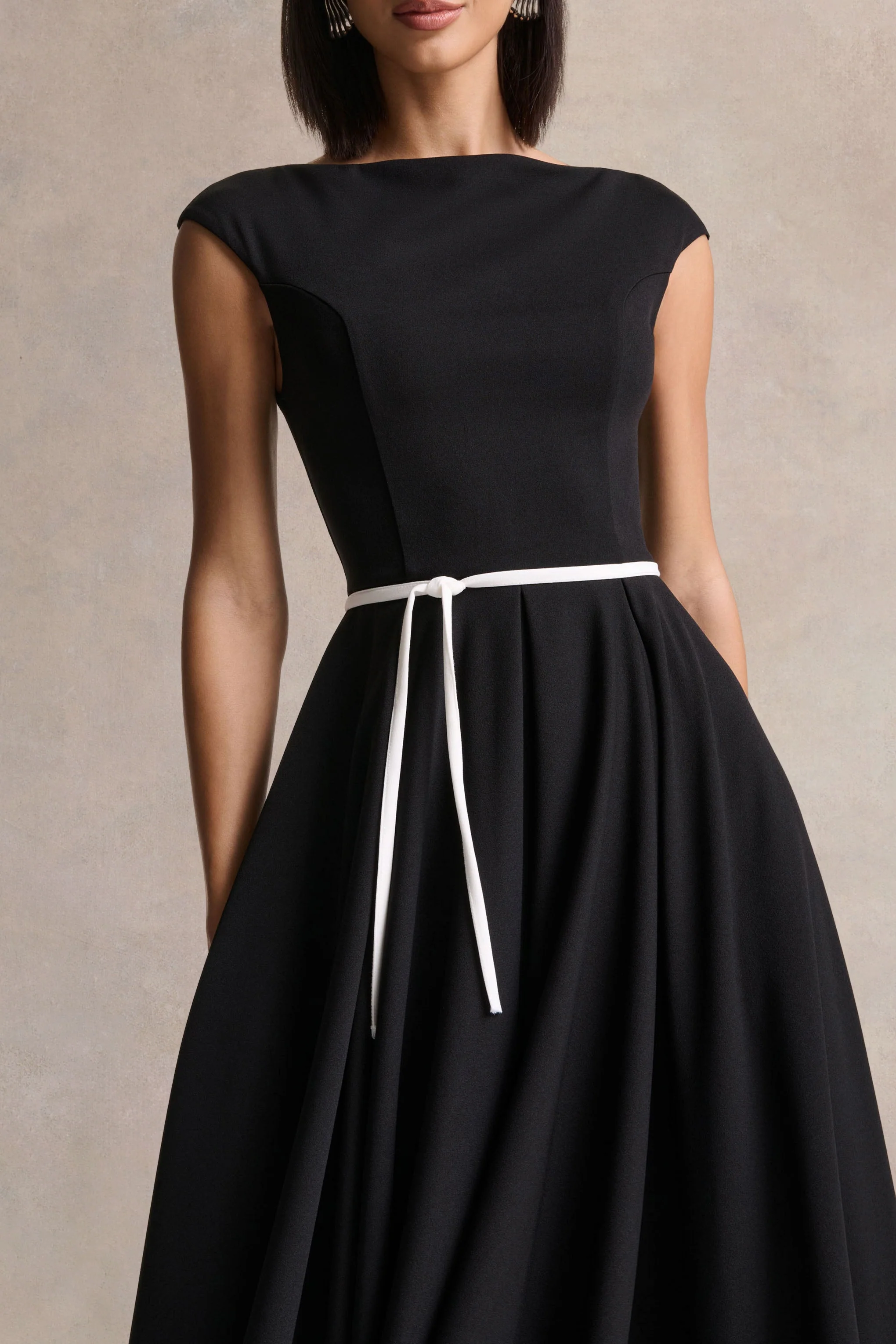 Nataline | Black Round-Neck Midi Dress With White Belt-Detail - Image 3