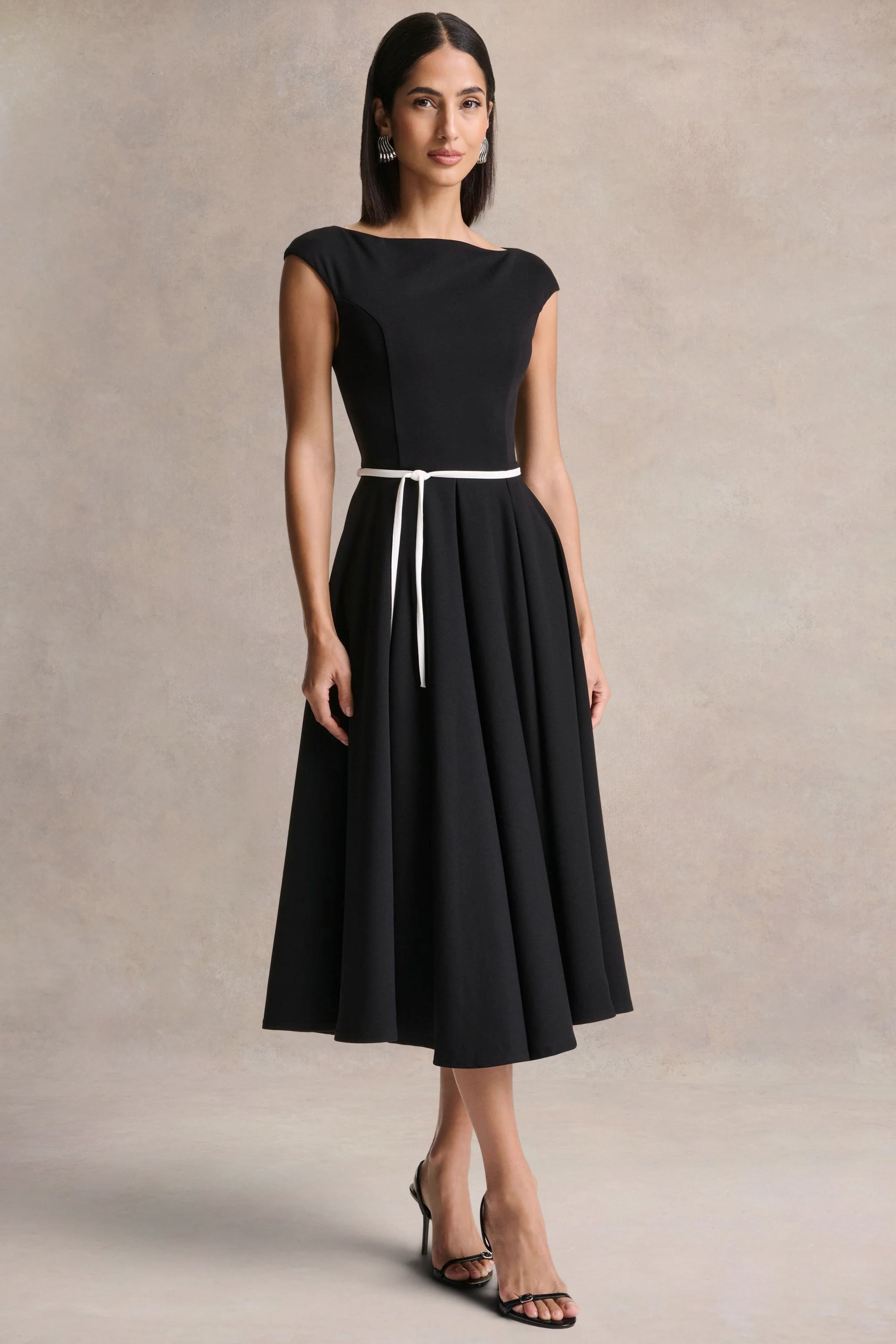 Nataline | Black Round-Neck Midi Dress With White Belt-Detail - Image 5