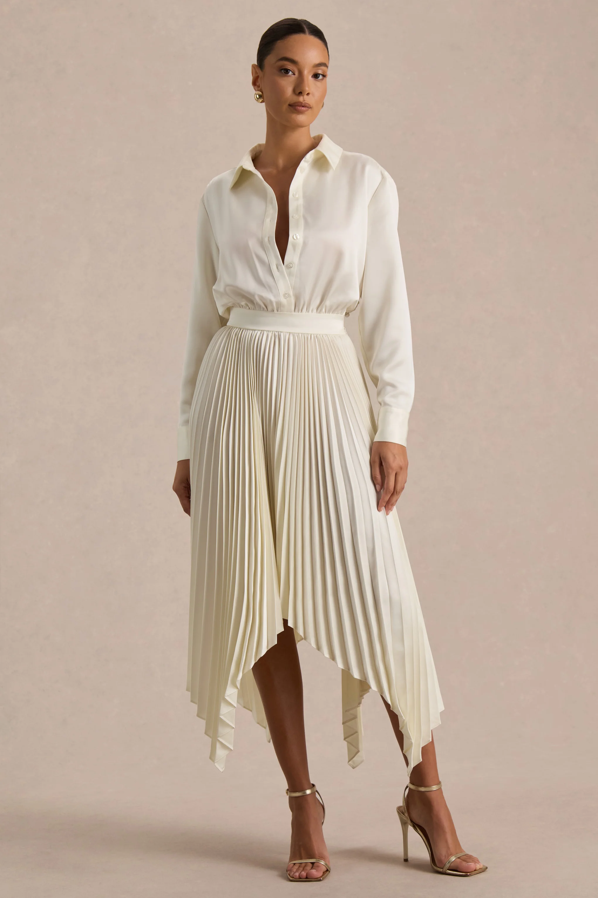 Naxos | Cream Satin Shirt Maxi Dress With Pleated Skirt - Image 5