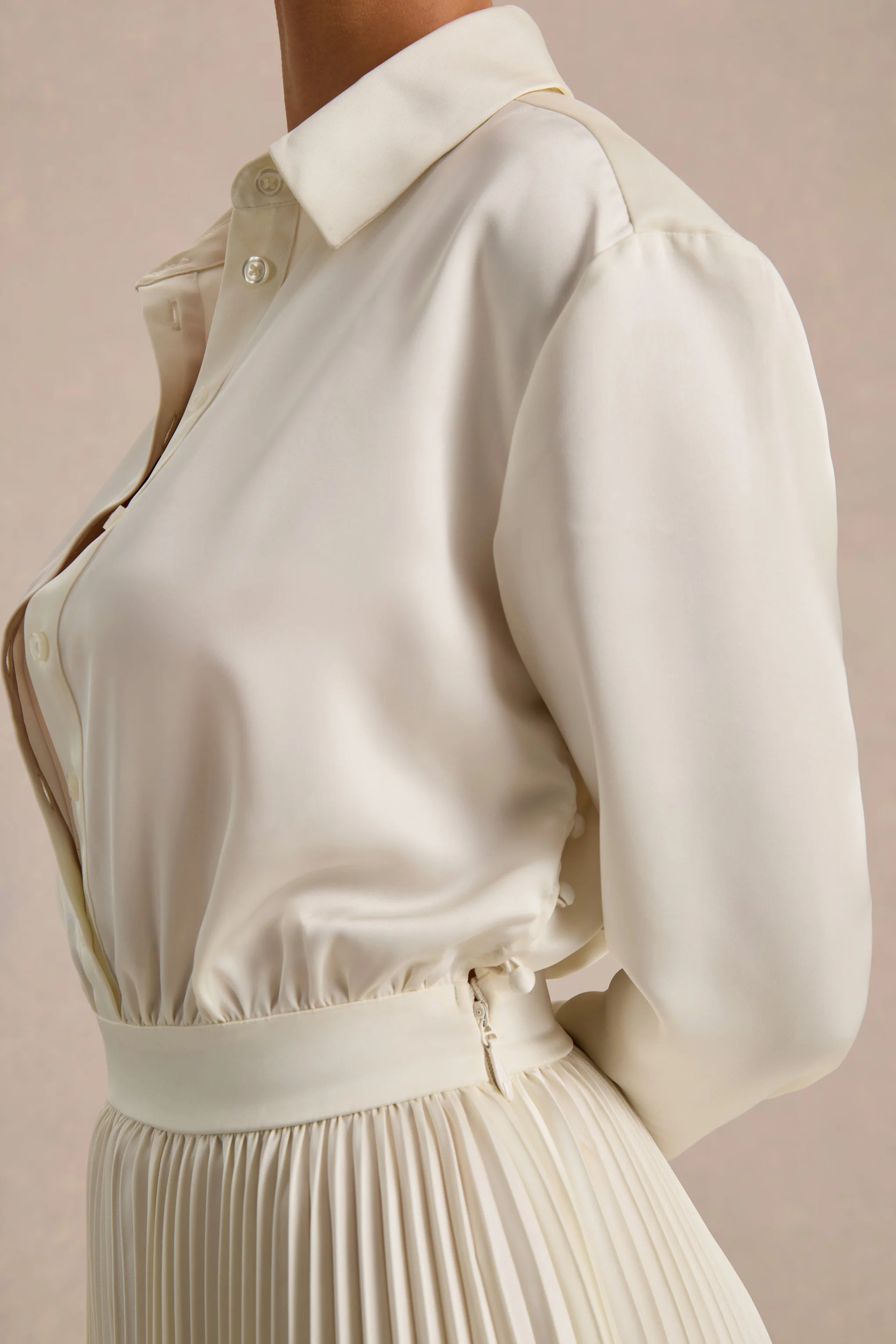 Naxos | Cream Satin Shirt Maxi Dress With Pleated Skirt - Image 8