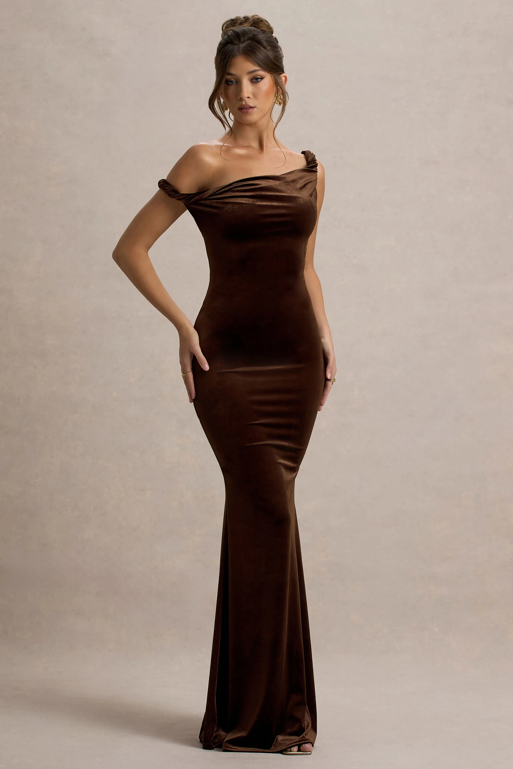 Neeka | Brown Velvet Twisted Asymmetric Maxi Dress - Image 4