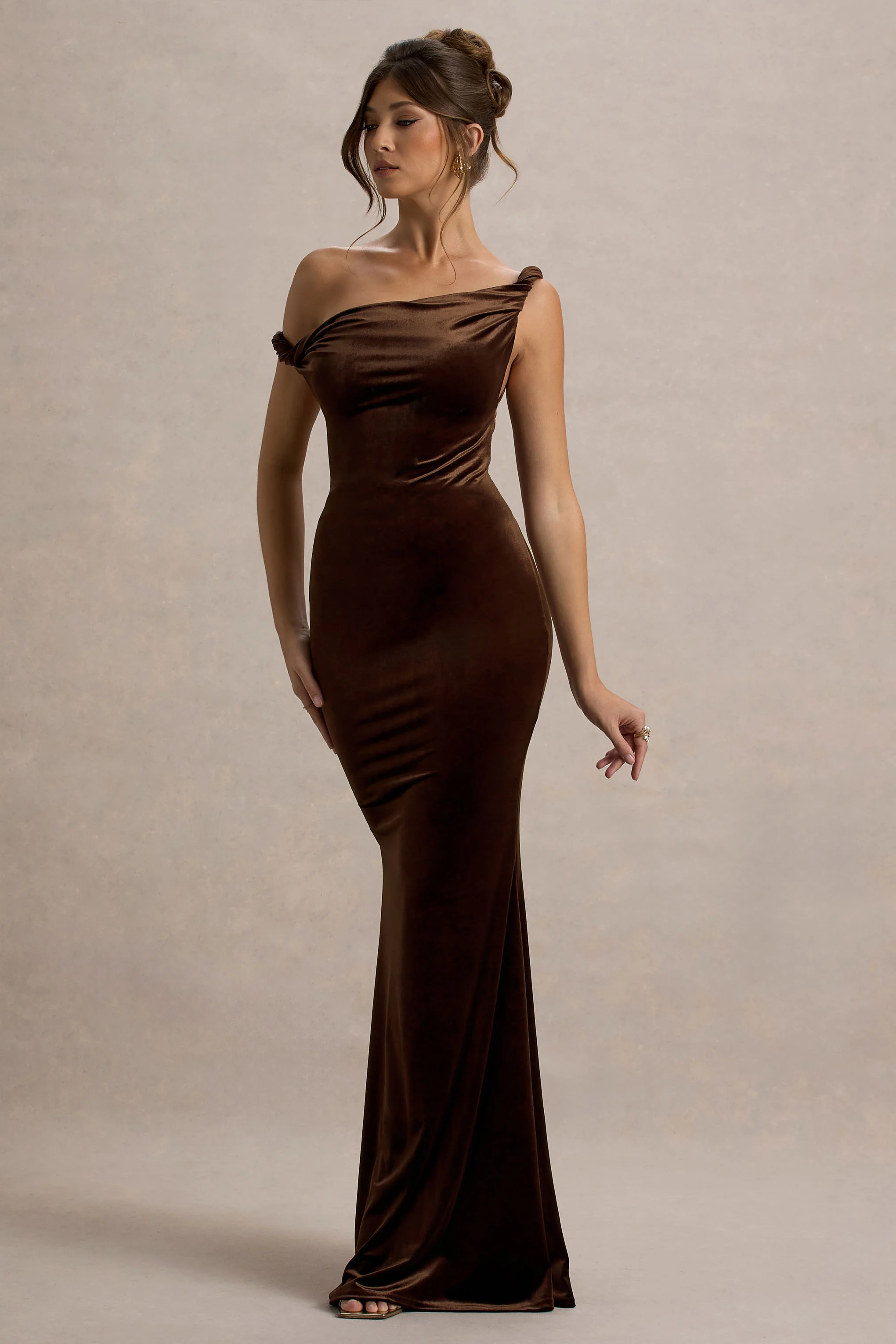 Neeka | Brown Velvet Twisted Asymmetric Maxi Dress - Image 5
