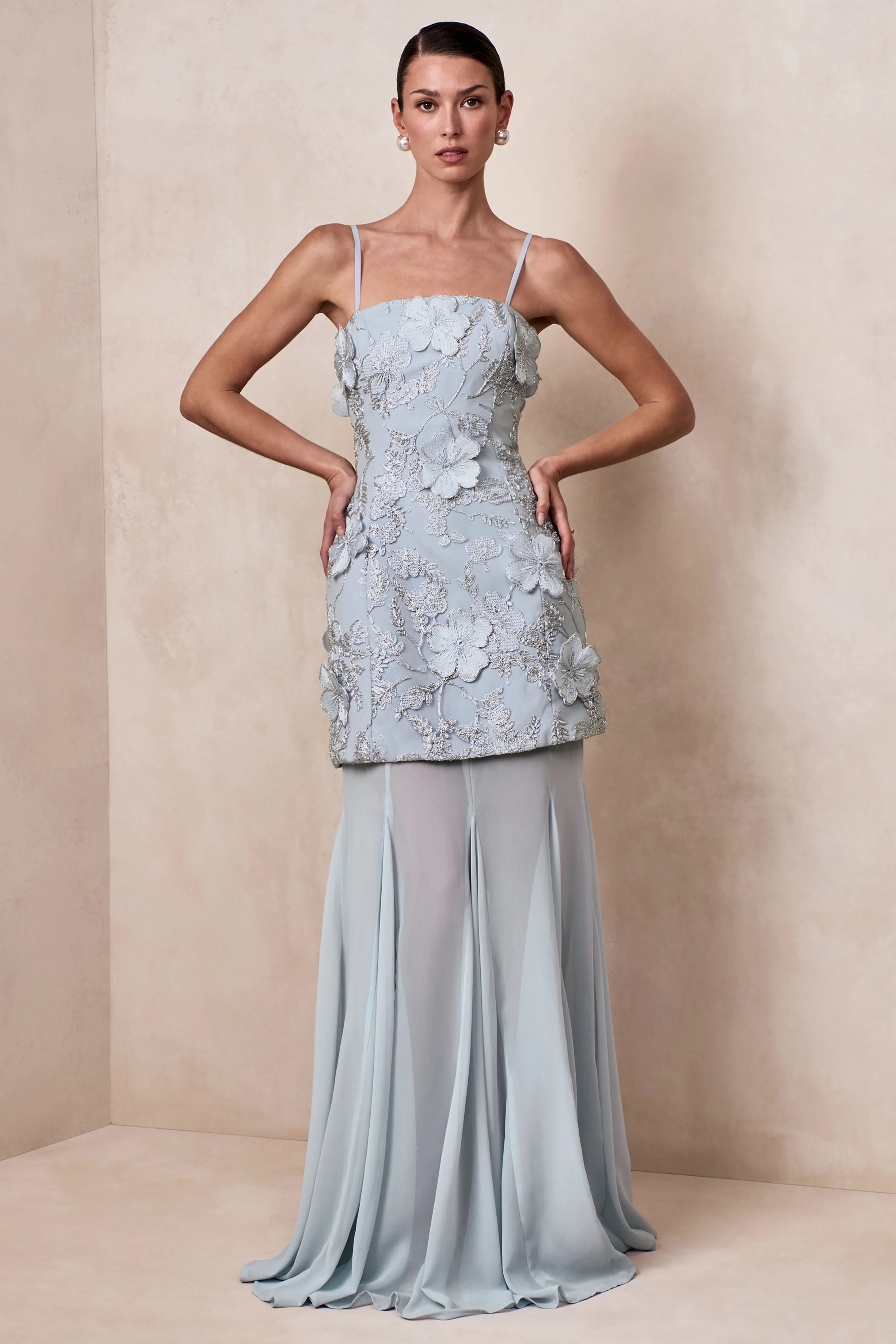 Nessa | Light Blue 3D Floral Square-Neck Maxi Dress With Sheer Skirt - Image 5