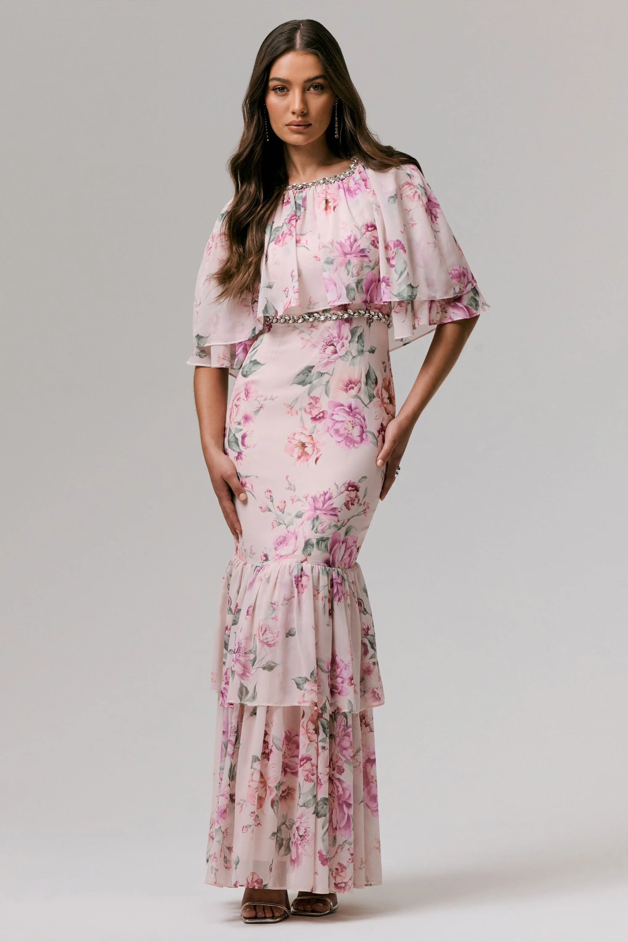 Never Let Go | Pink Floral Print Chiffon Maxi Dress With Tiered Hem - Image 2