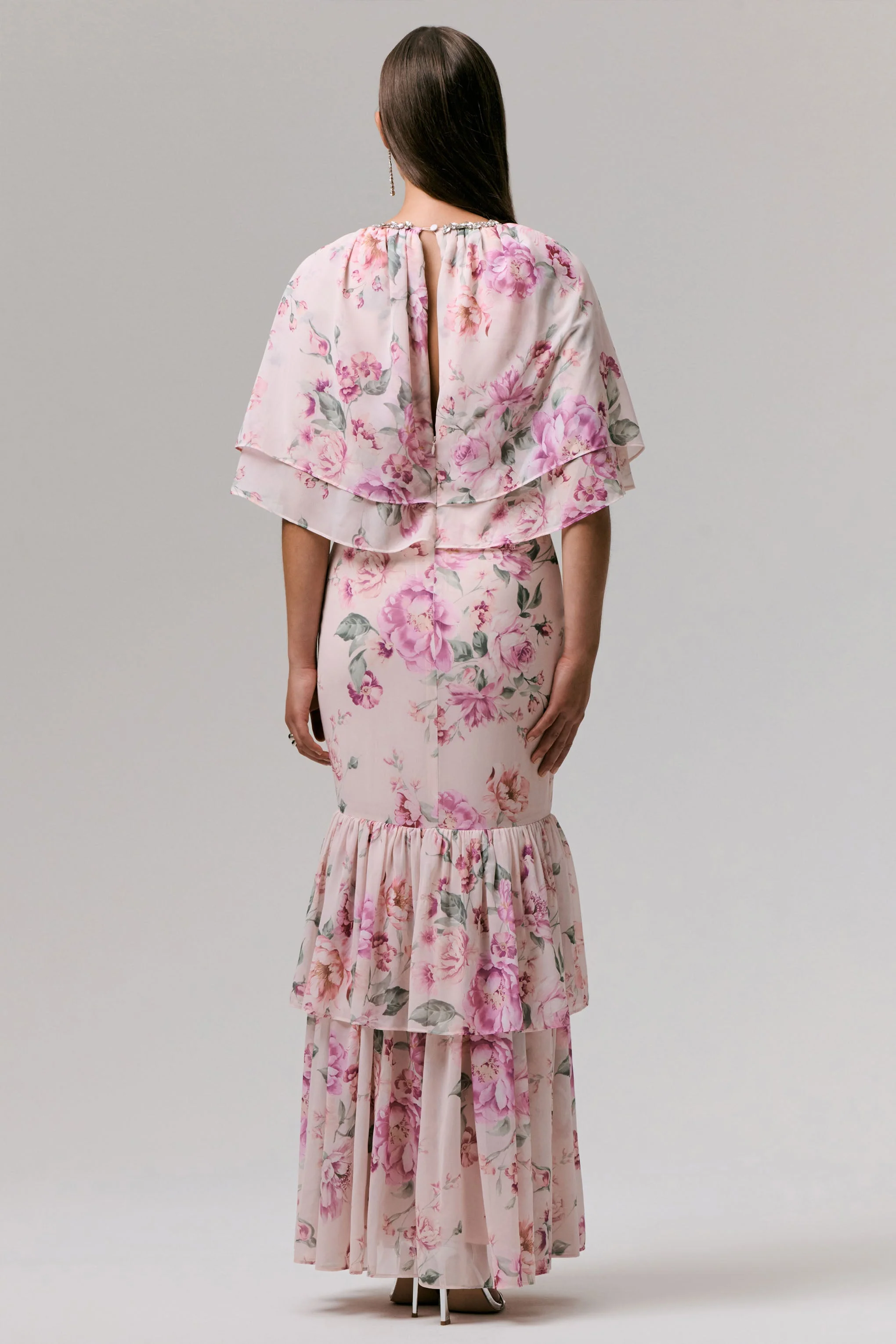 Never Let Go | Pink Floral Print Chiffon Maxi Dress With Tiered Hem - Image 3
