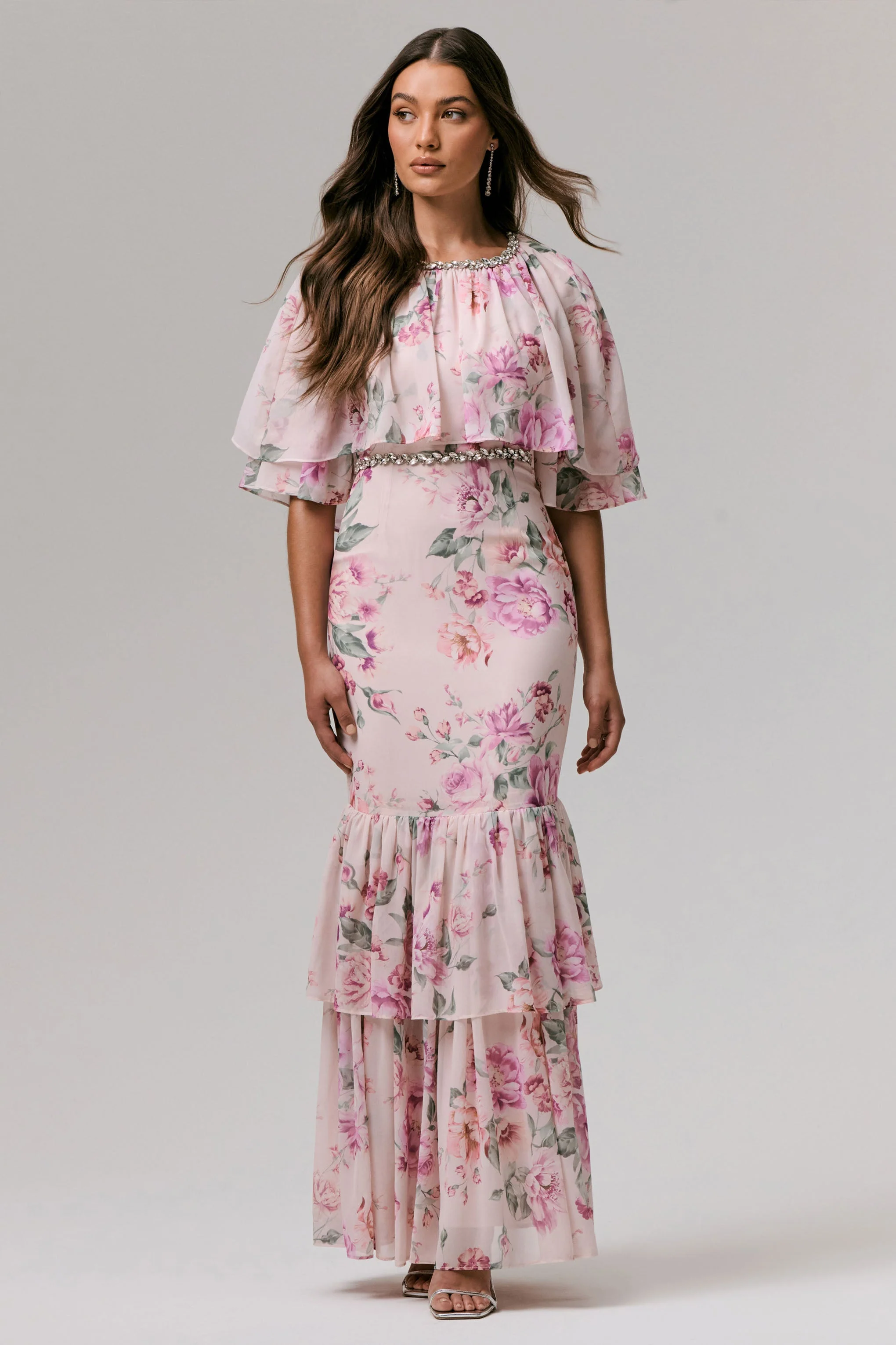 Never Let Go | Pink Floral Print Chiffon Maxi Dress With Tiered Hem - Image 5