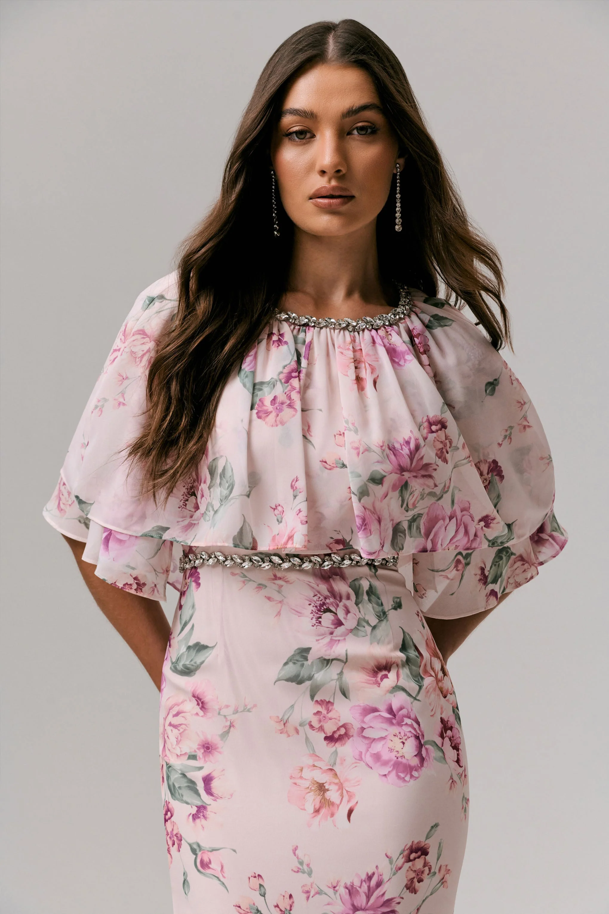 Never Let Go | Pink Floral Print Chiffon Maxi Dress With Tiered Hem - Image 6