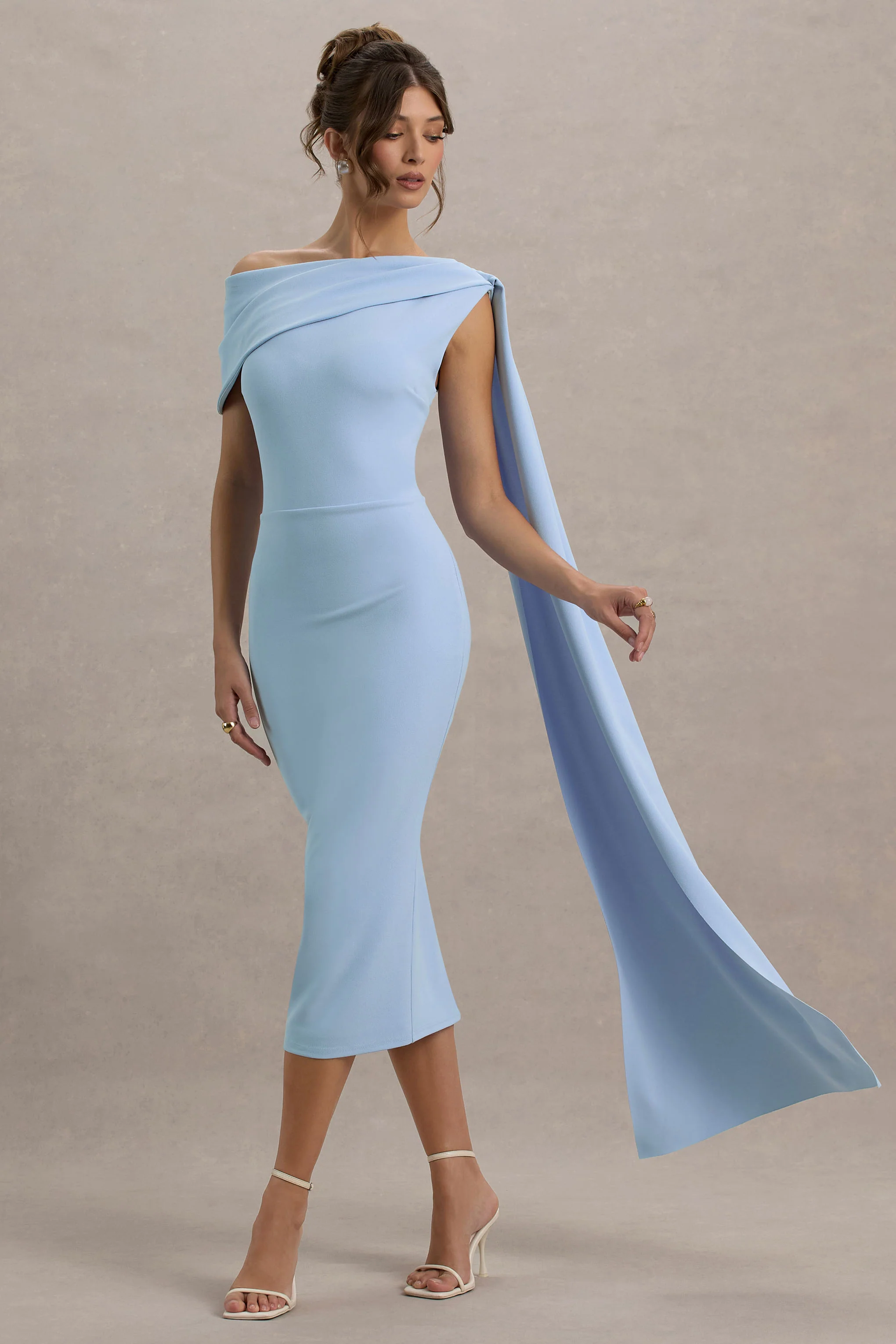Niamh | Powder Blue Asymmetric Midi Dress With Drape - Image 4