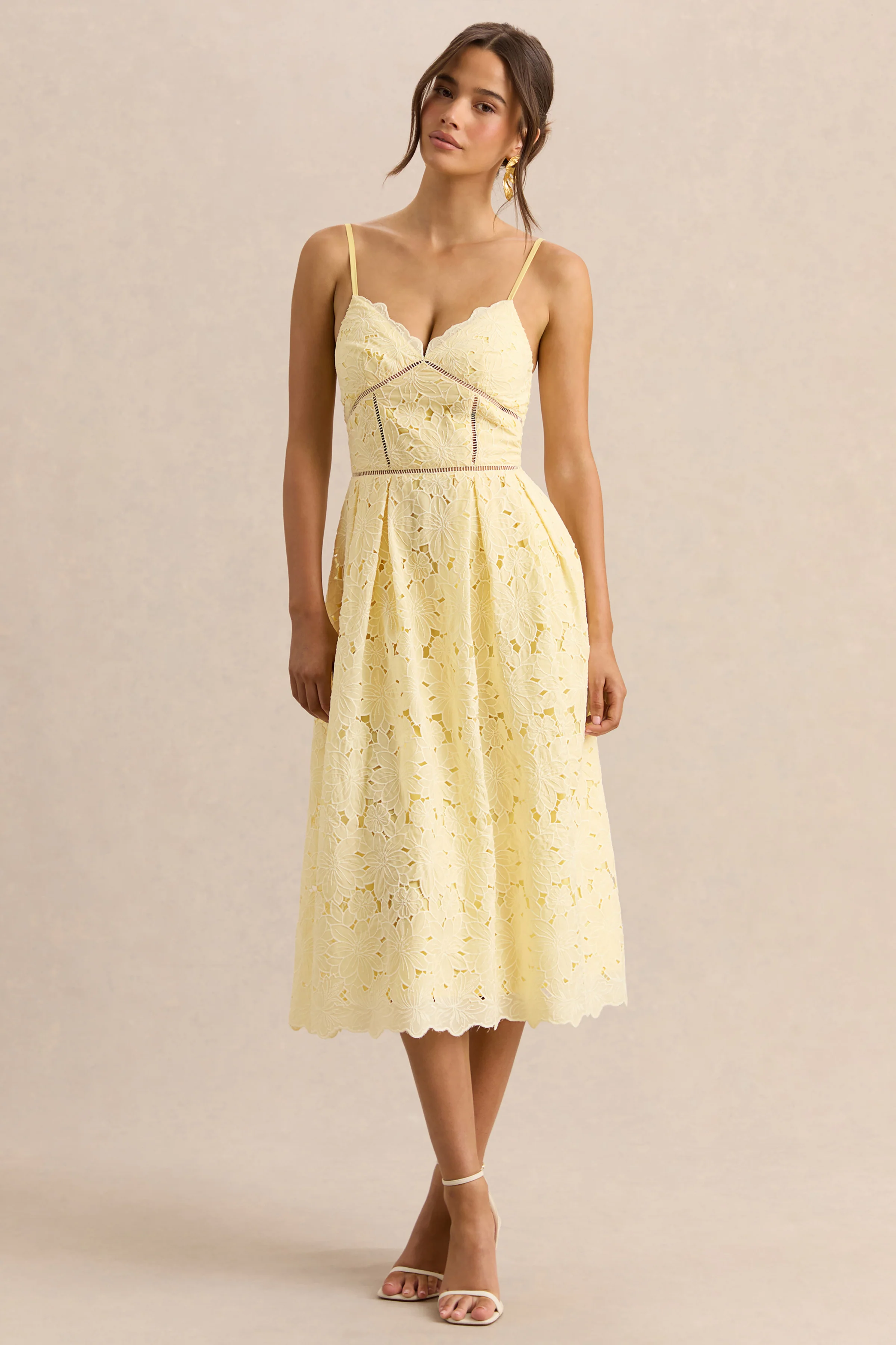 Nicoline | Lemon Lace Sweetheart Midi Dress With Cami Straps - Image 4