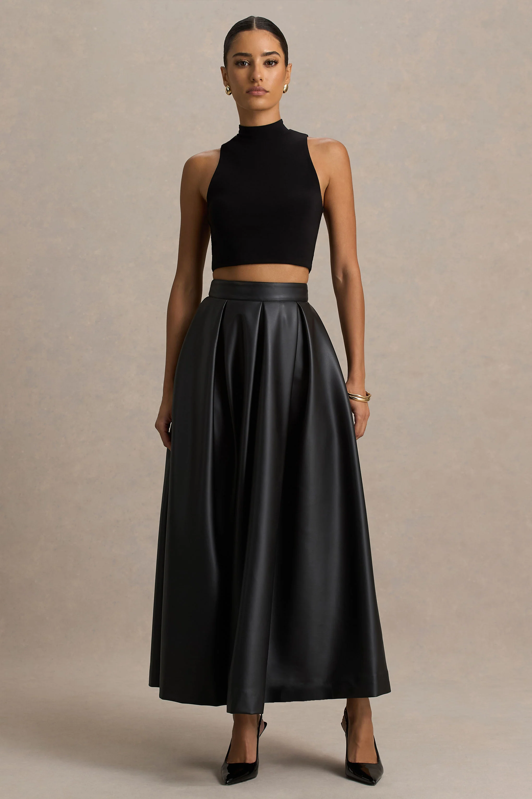 Noa | Black Faux Leather A-Line Midi Skirt - Image 4