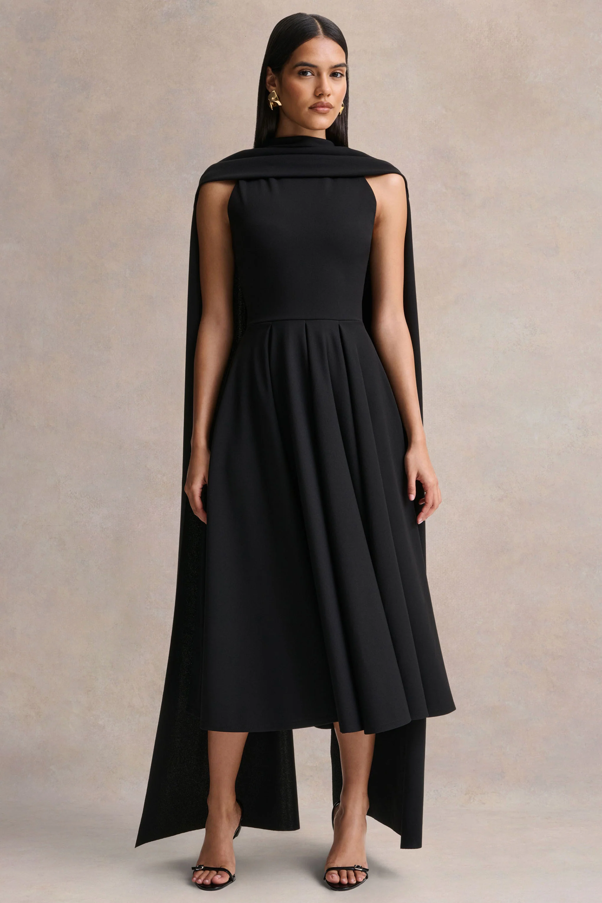 Nova | Black High-Neck Midi Dress With Cape-Sleeves - Image 4
