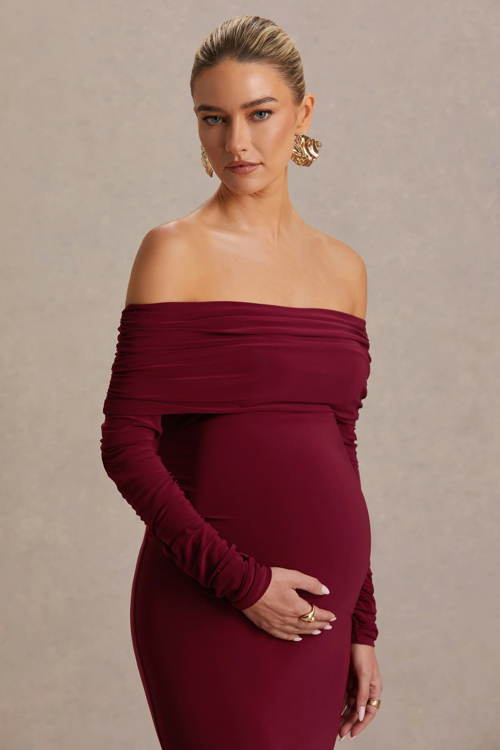 Odessa | Berry Bardot-Neck Maternity Maxi Dress - Image 6