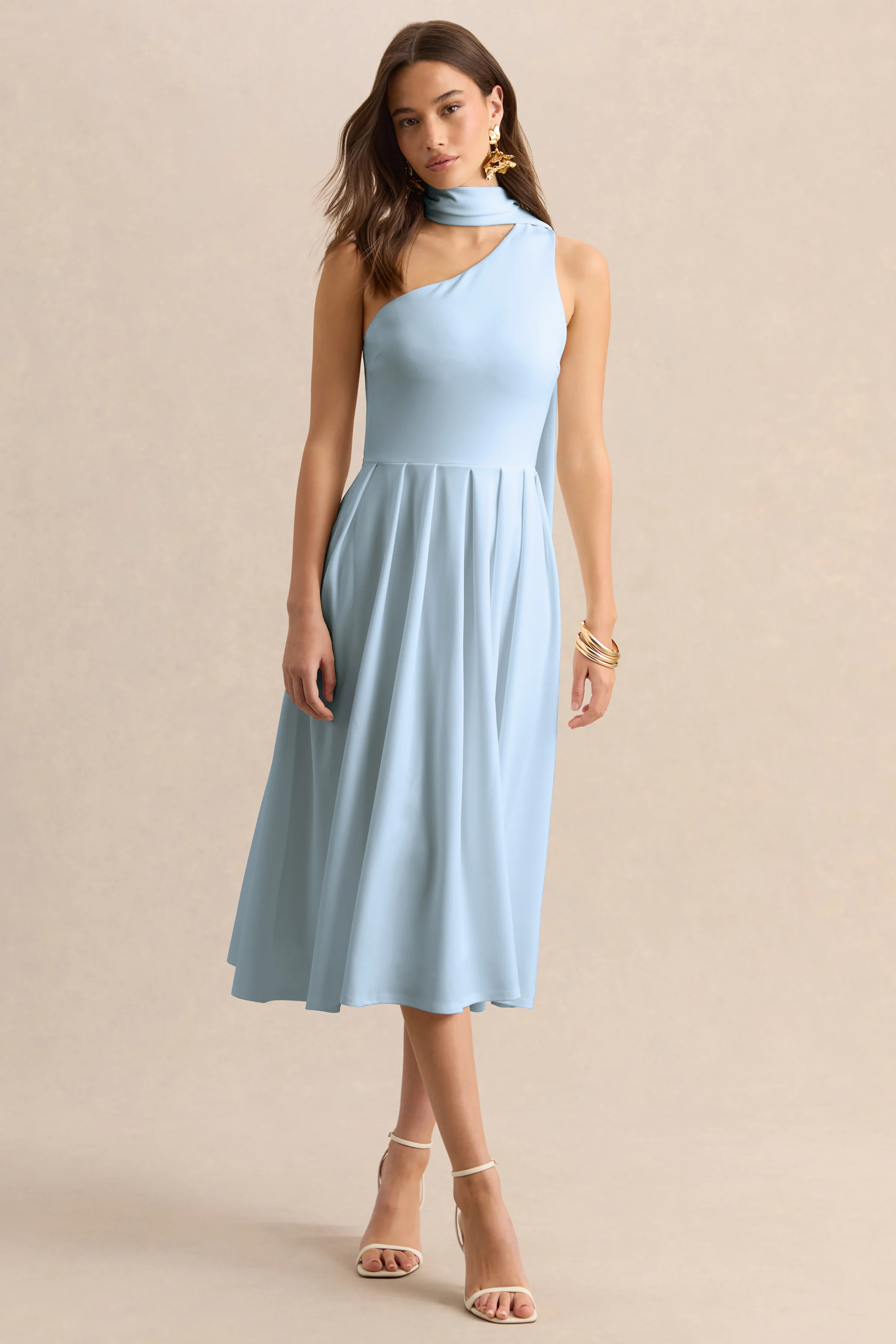 Odette | Powder Blue Asymmetric-Neck Midi Dress With Scarf