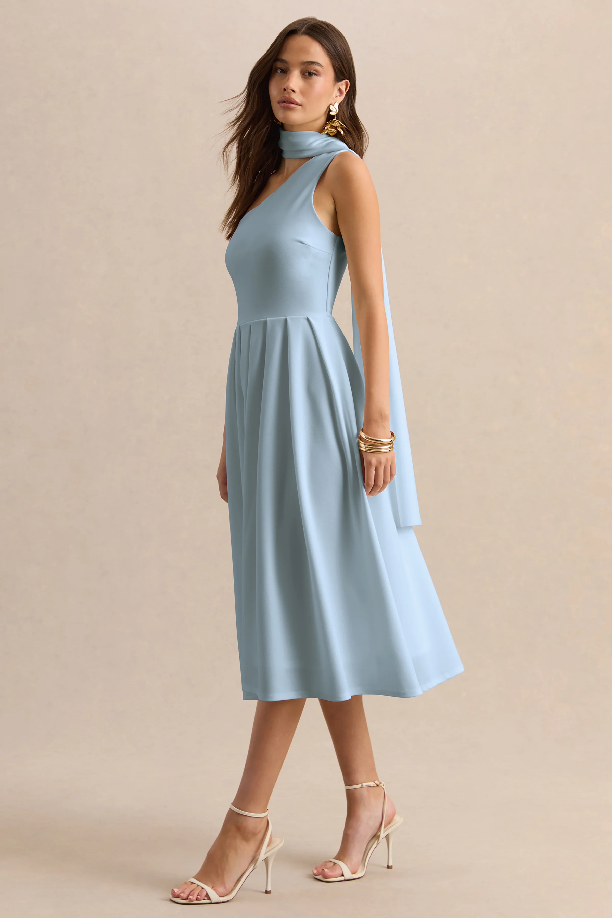 Odette | Powder Blue Asymmetric-Neck Midi Dress With Scarf - Image 5