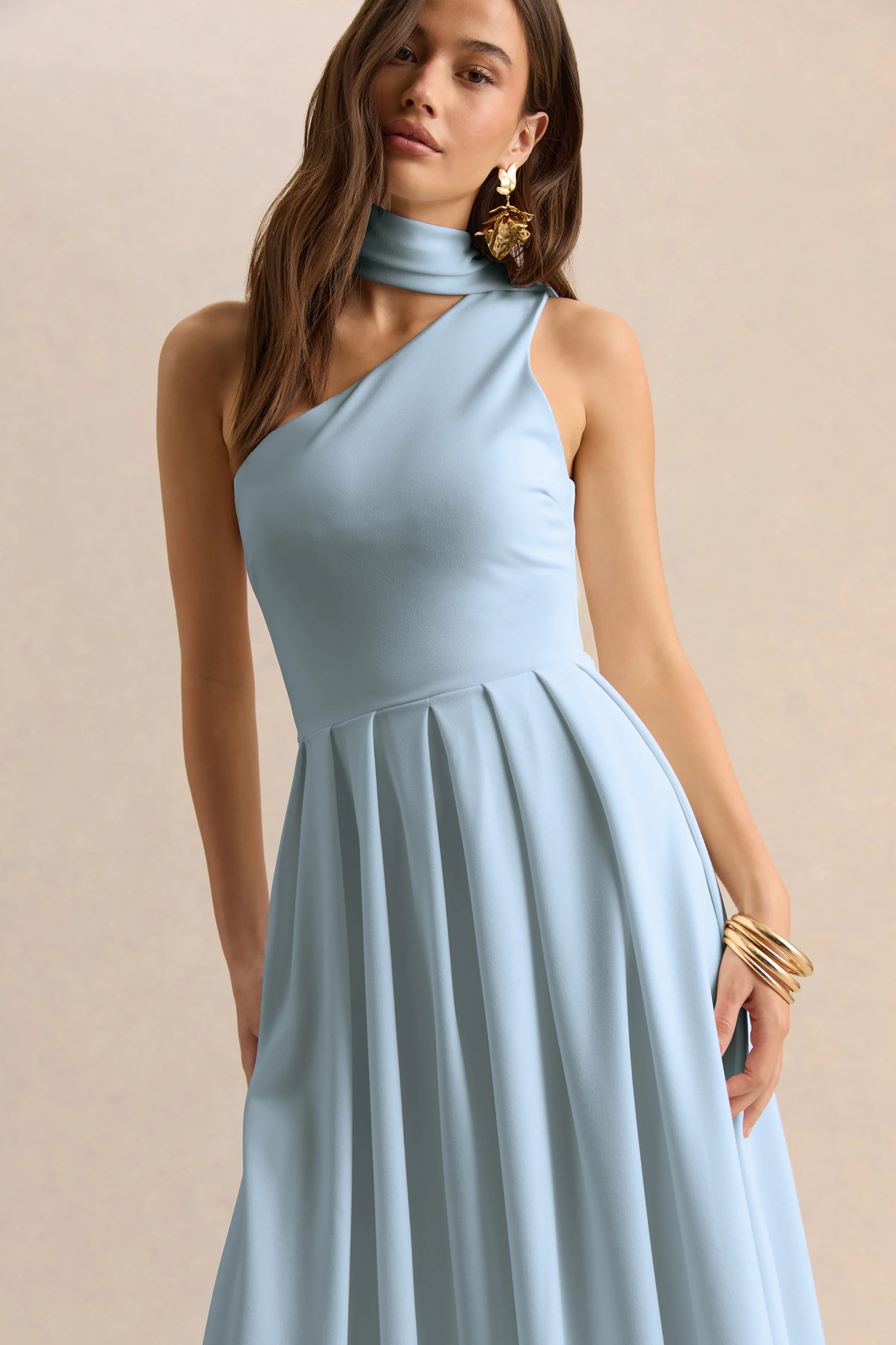 Odette | Powder Blue Asymmetric-Neck Midi Dress With Scarf - Image 6