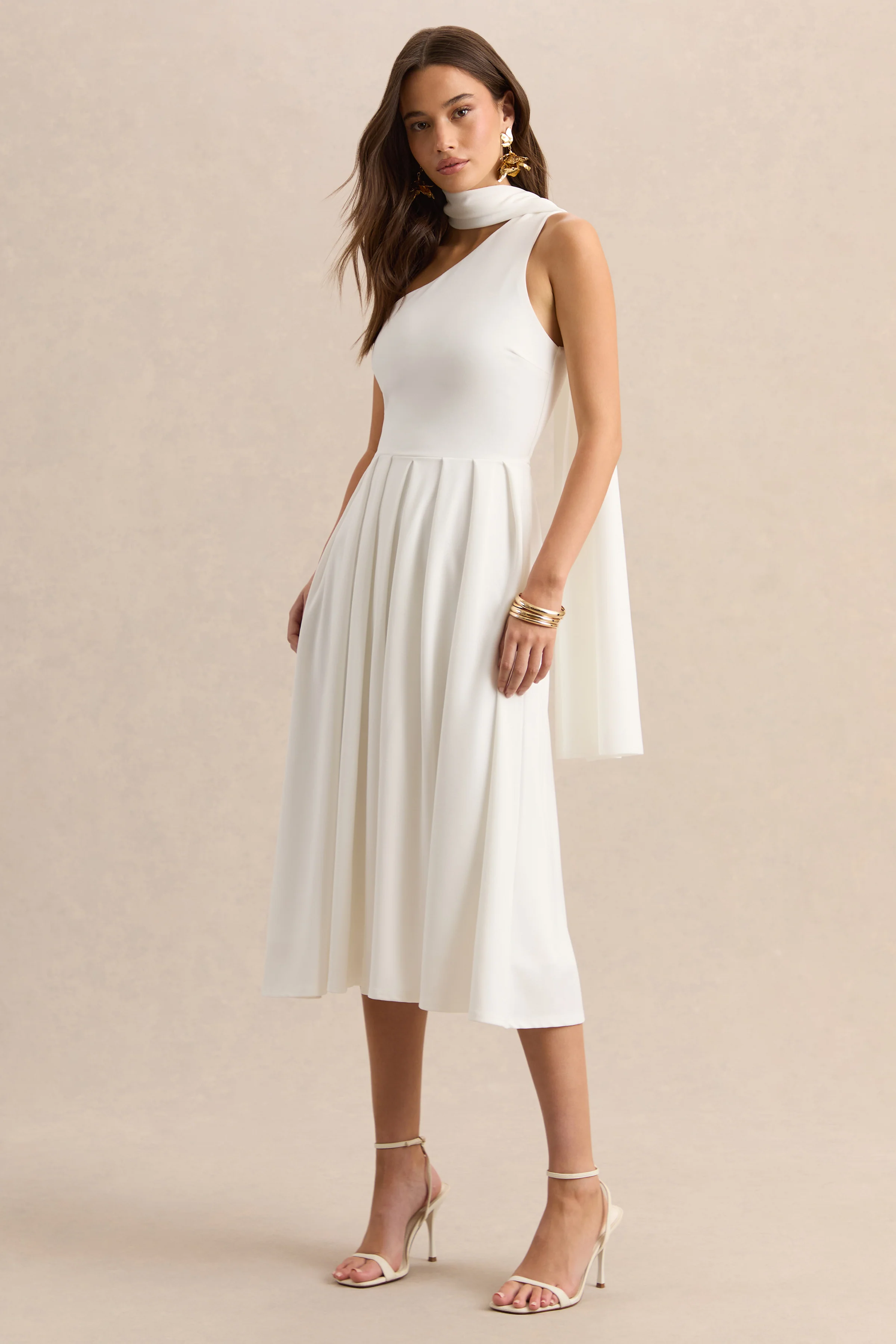 Odette | White Asymmetric-Neck Midi Dress With Scarf - Image 5