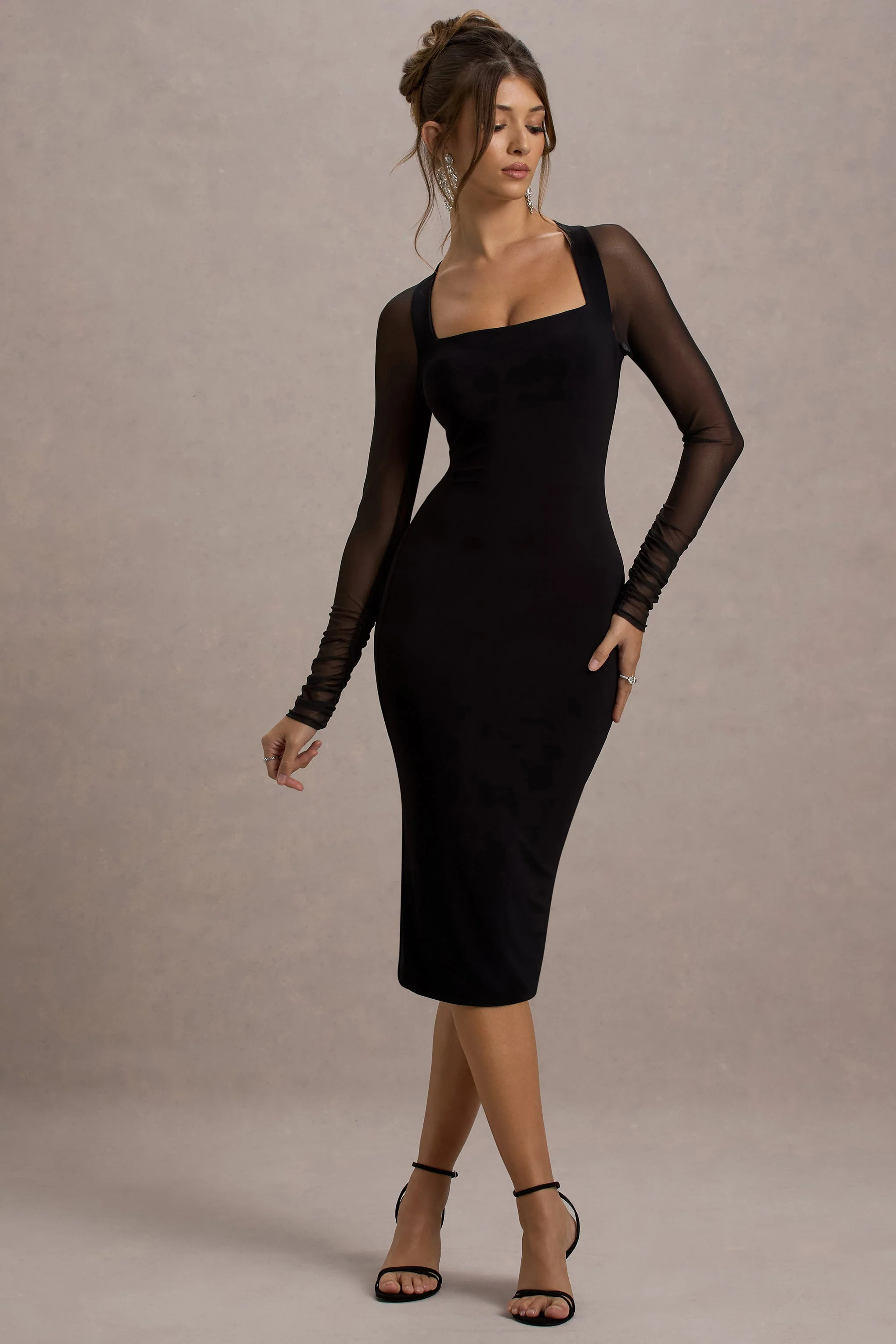 Off Track | Black Bodycon Midi Dress With Sheer Sleeves - Image 5