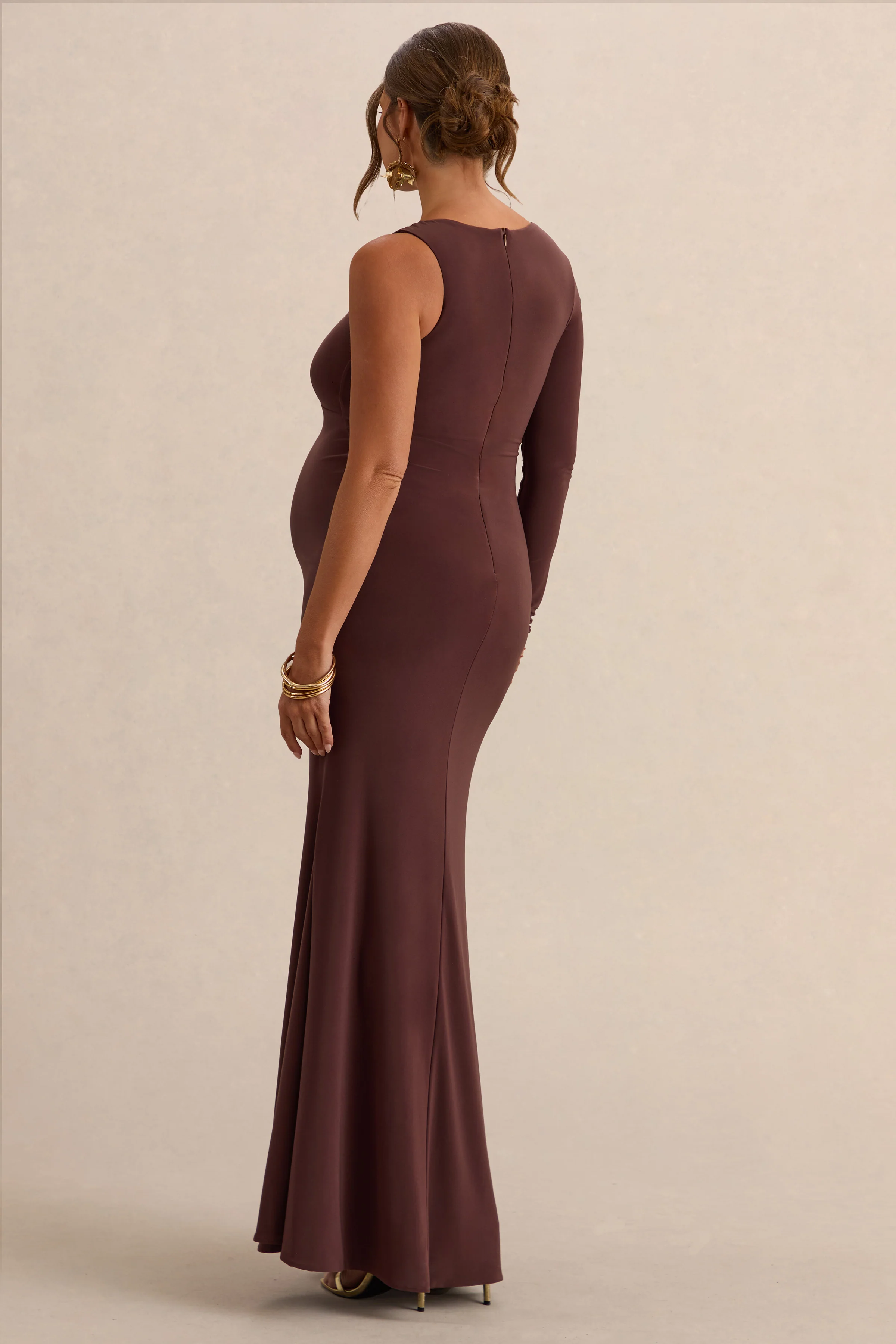 Oh Baby | Brown Maternity One Shoulder Bodycon Maxi Dress - Image 2