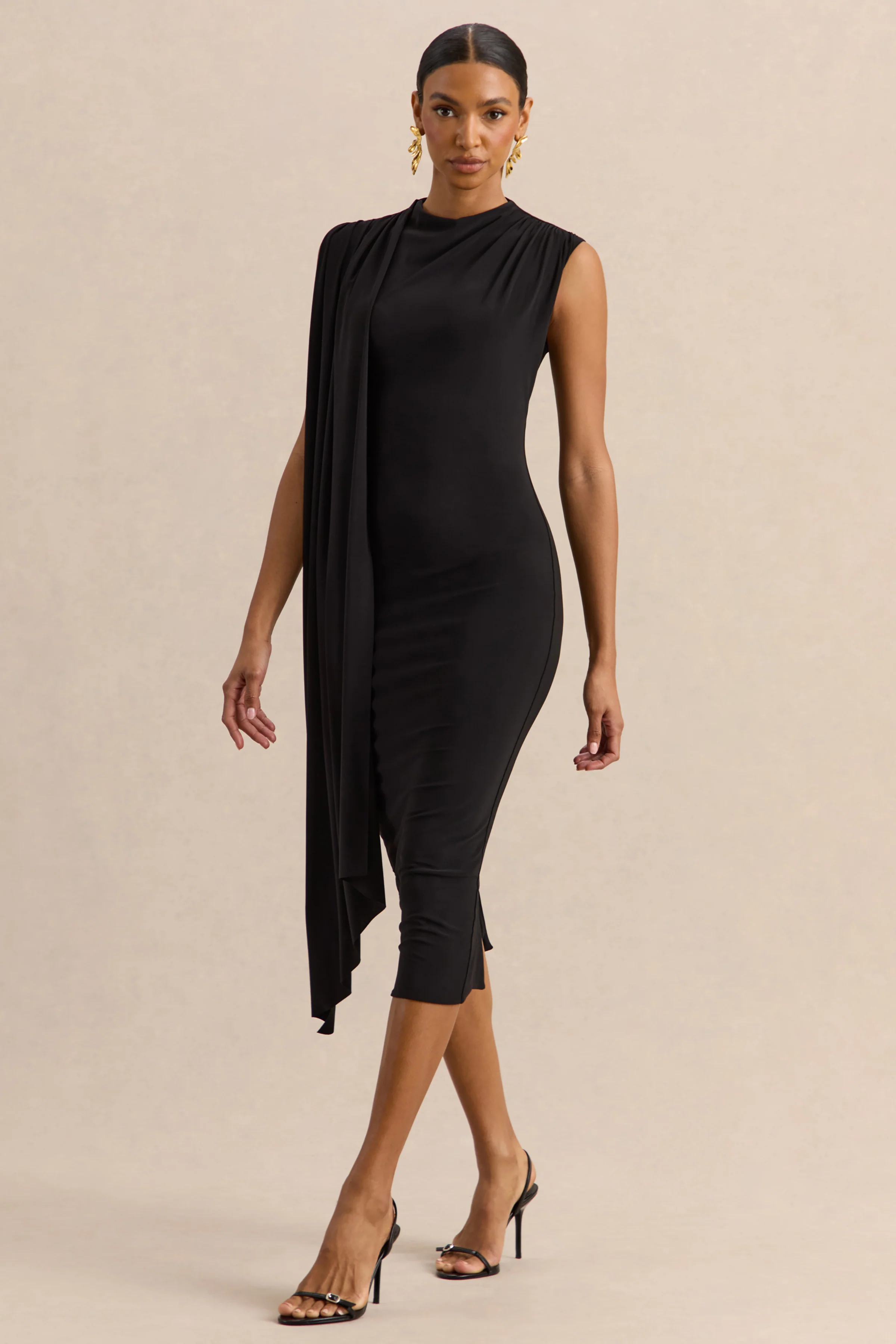 Oleandra | Black High-Neck Midi-Dress With Draped-Detail - Image 4