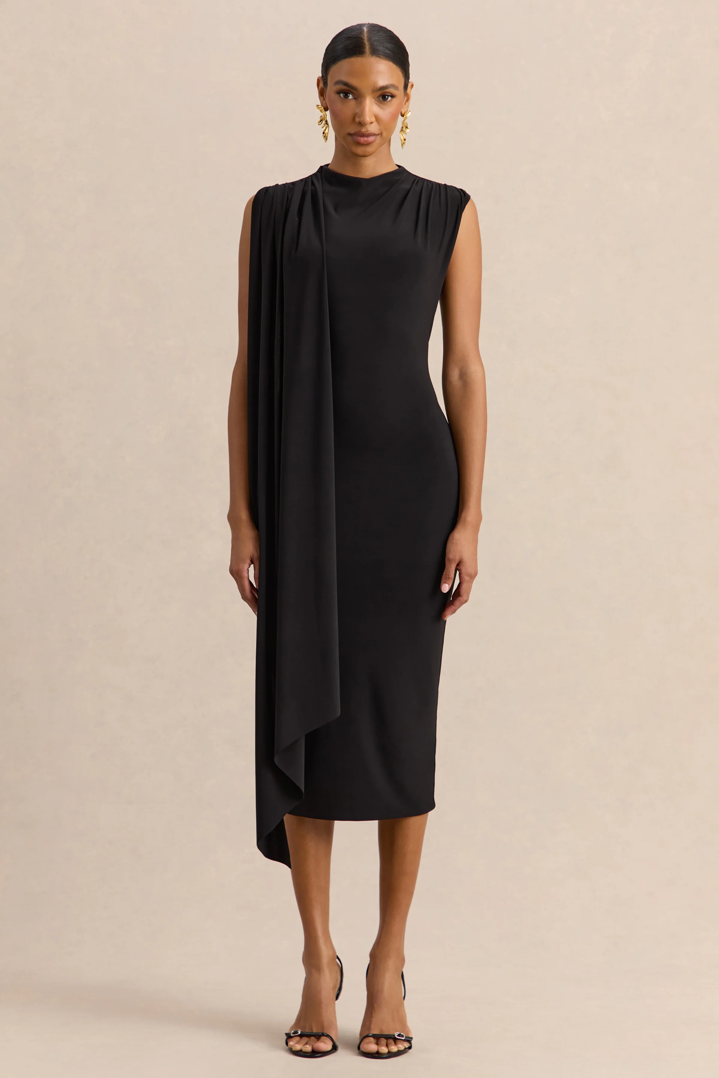 Oleandra | Black High-Neck Midi-Dress With Draped-Detail - Image 5