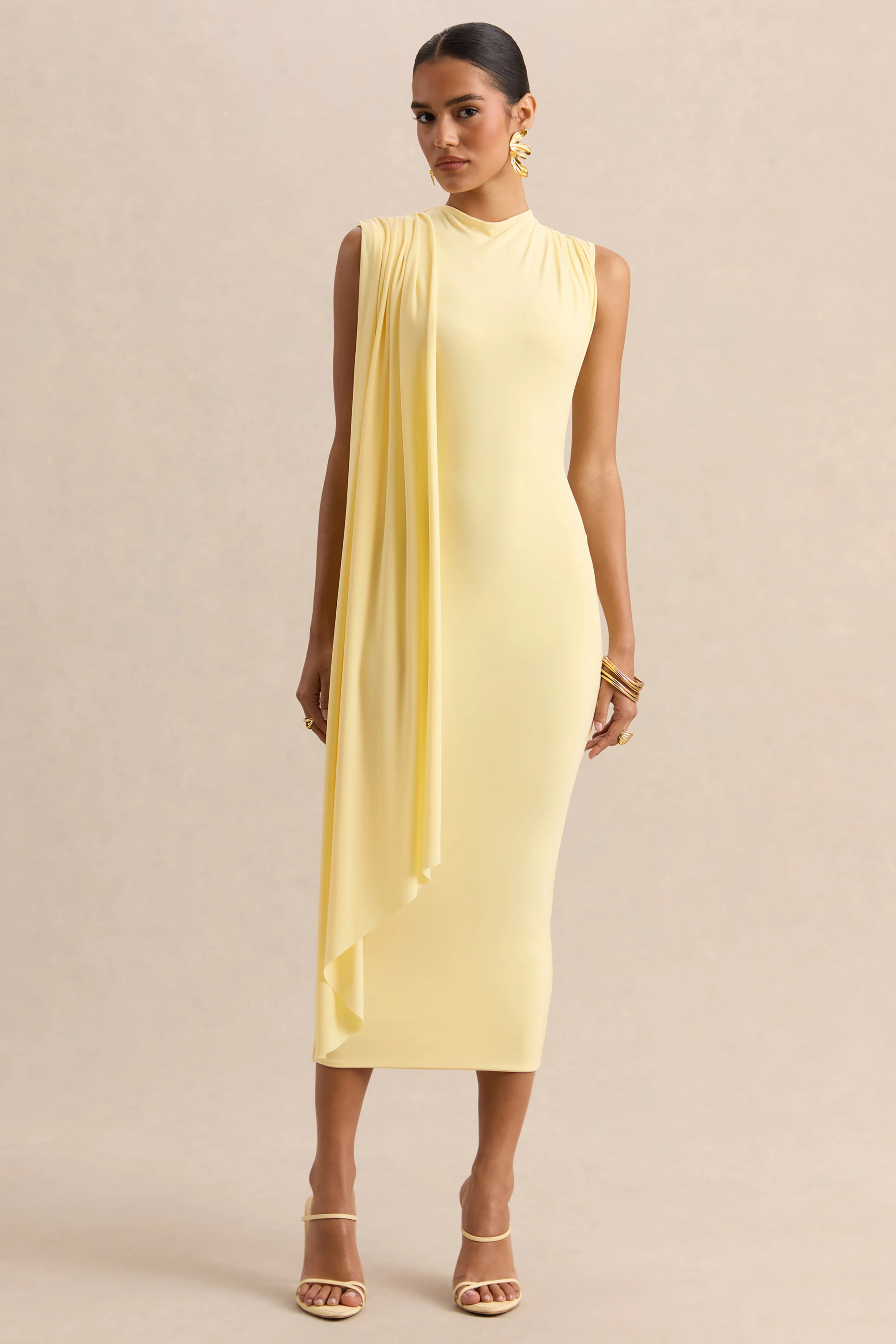 Oleandra | Lemon High-Neck Midi-Dress With Draped-Detail - Image 6