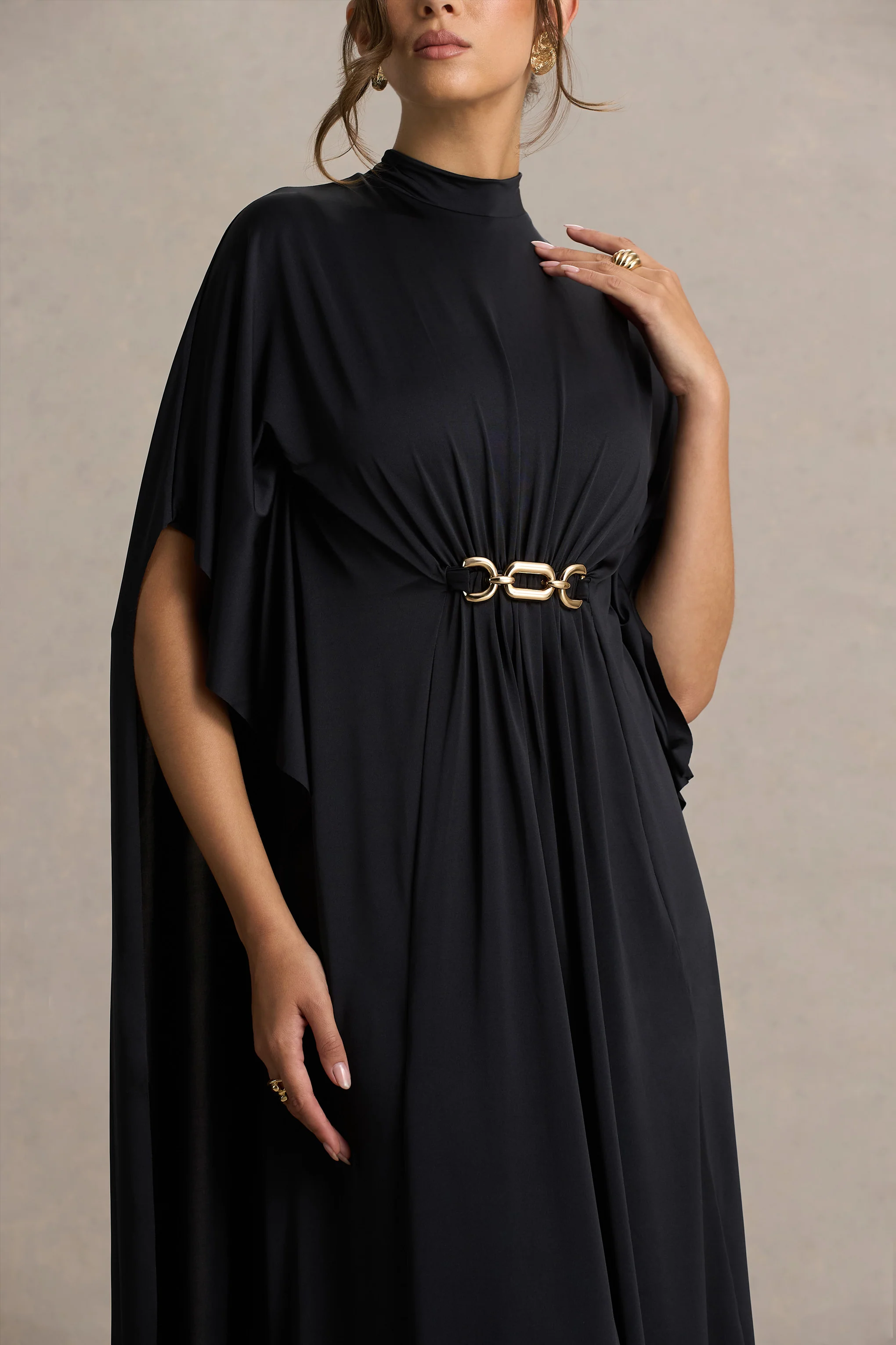 Olessia | Black Belted Gathered Cape-Sleeve Maxi Dress - Image 5