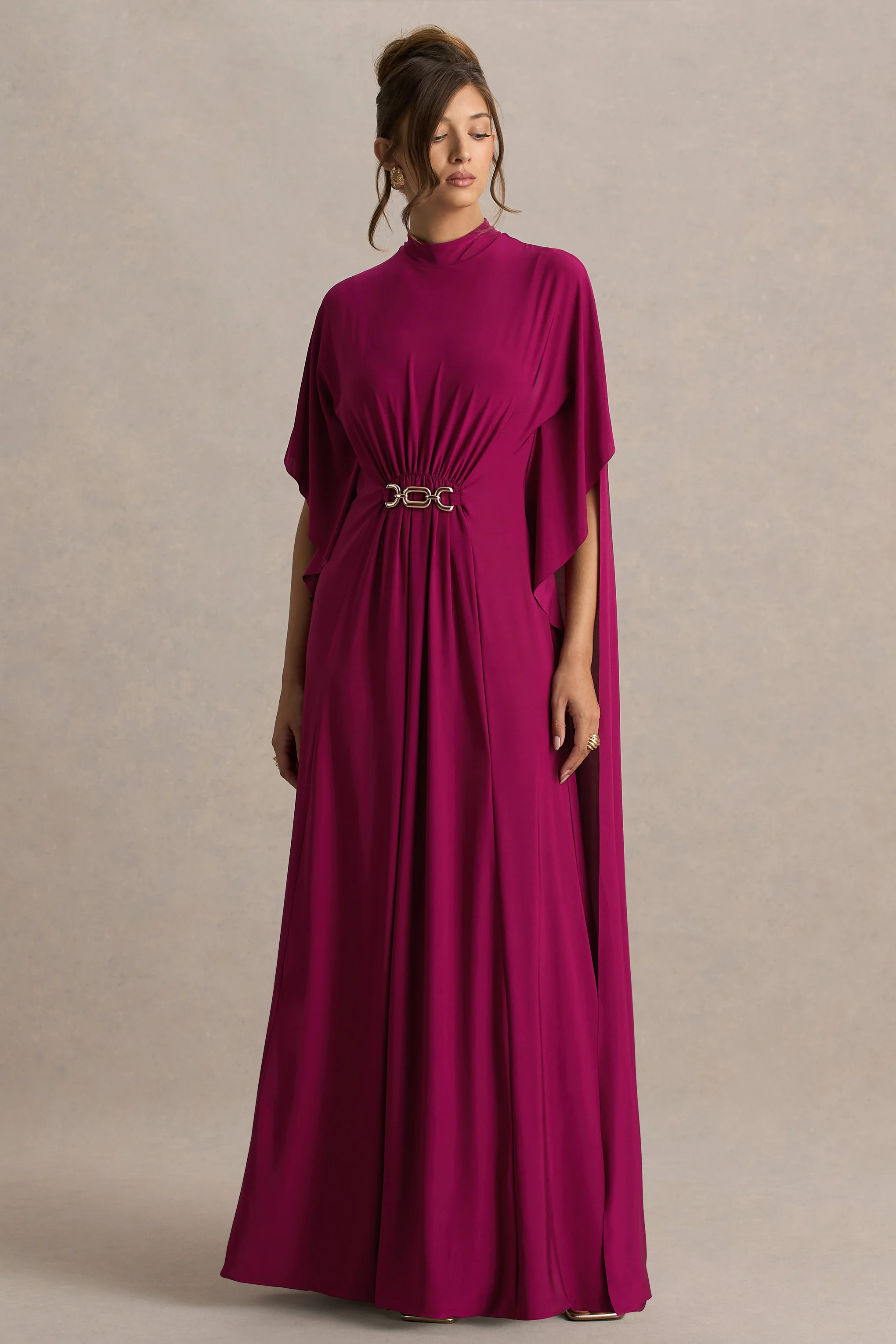 Olessia | Burgundy Belted Gathered Cape-Sleeve Maxi Dress