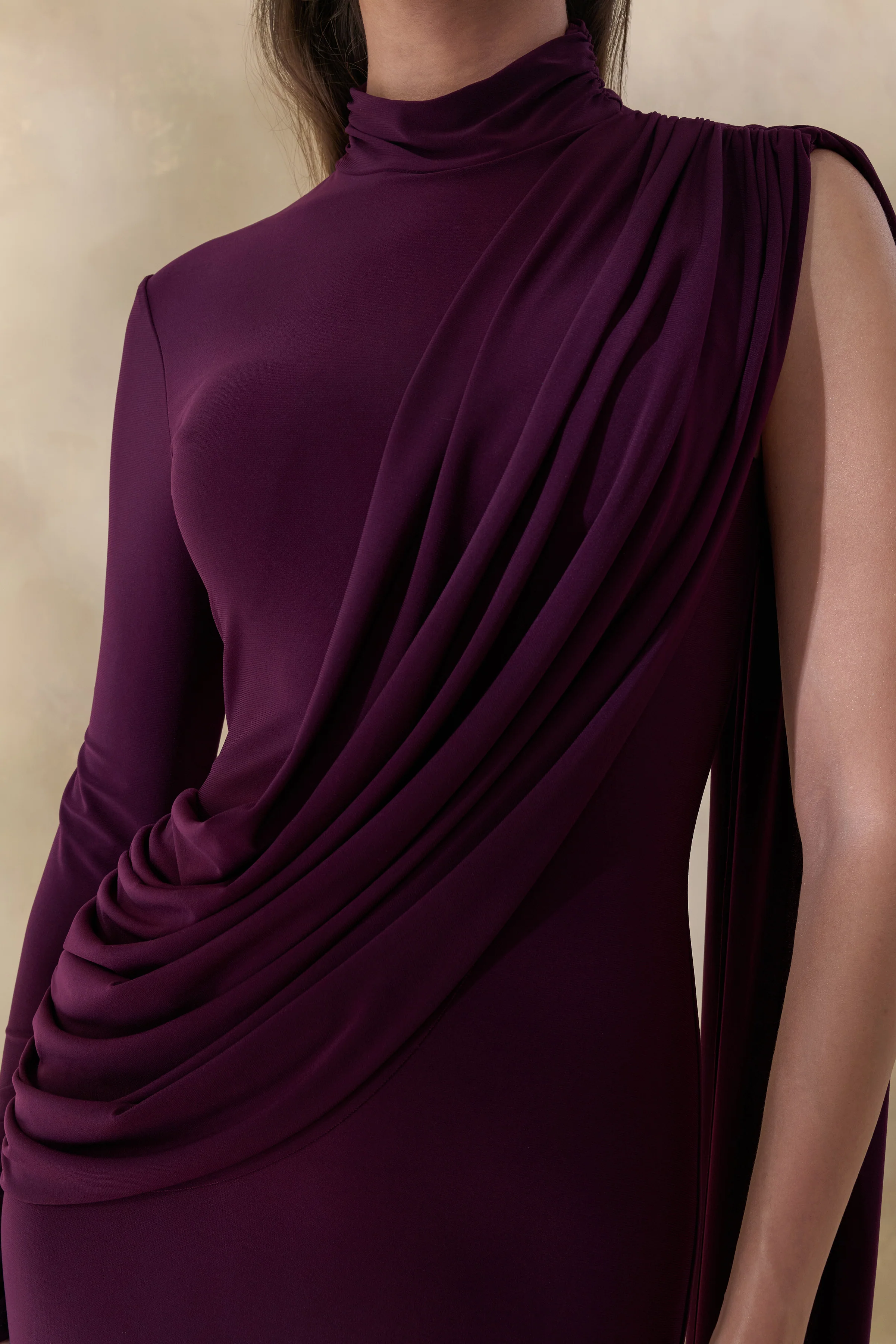 Oliria | Dark Plum High-Neck Maxi Dress With One-Long Sleeve And Sash-Detail - Image 6