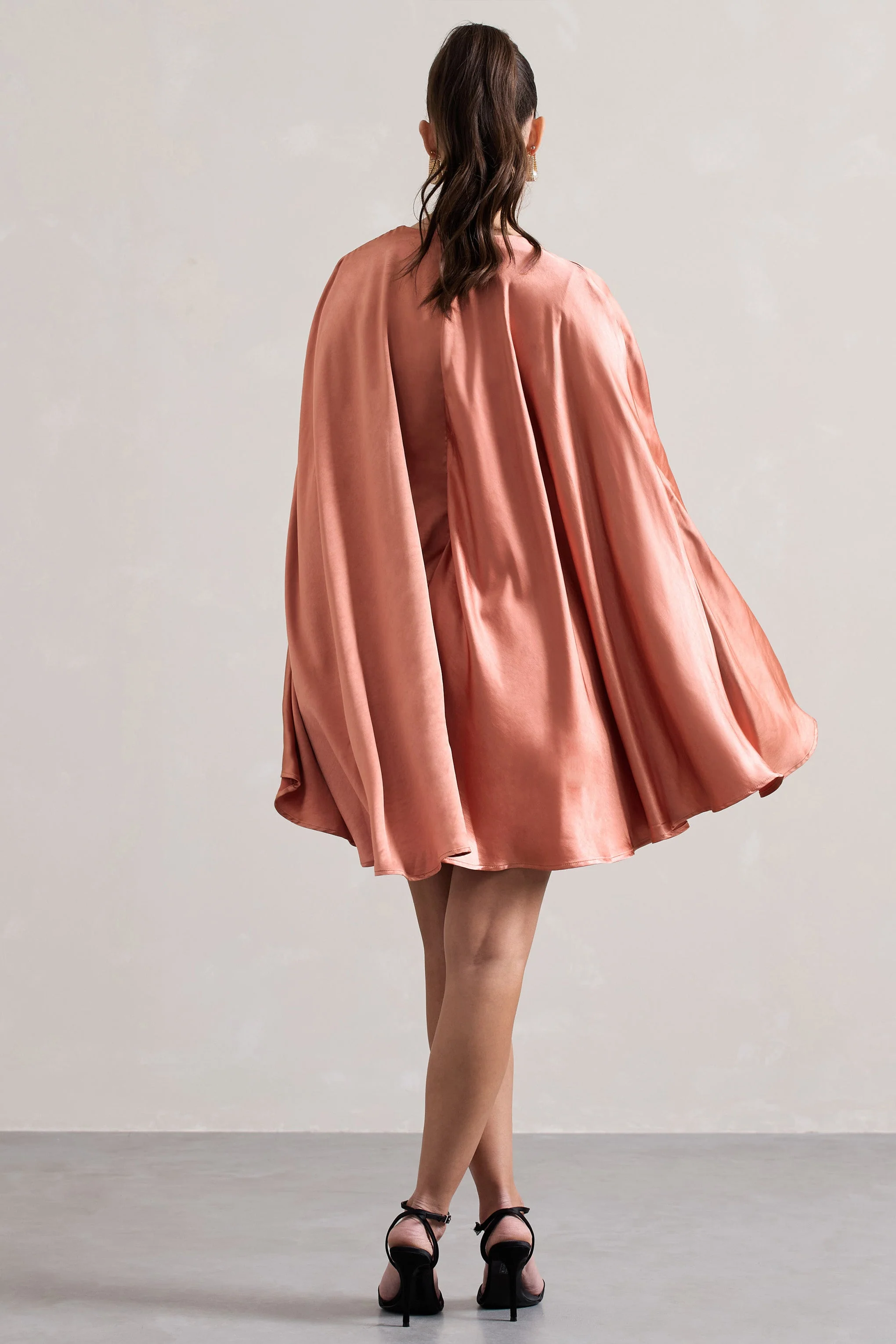 Olsen | Coral Satin Plunge-Neck Cape Mini Dress - Image 2
