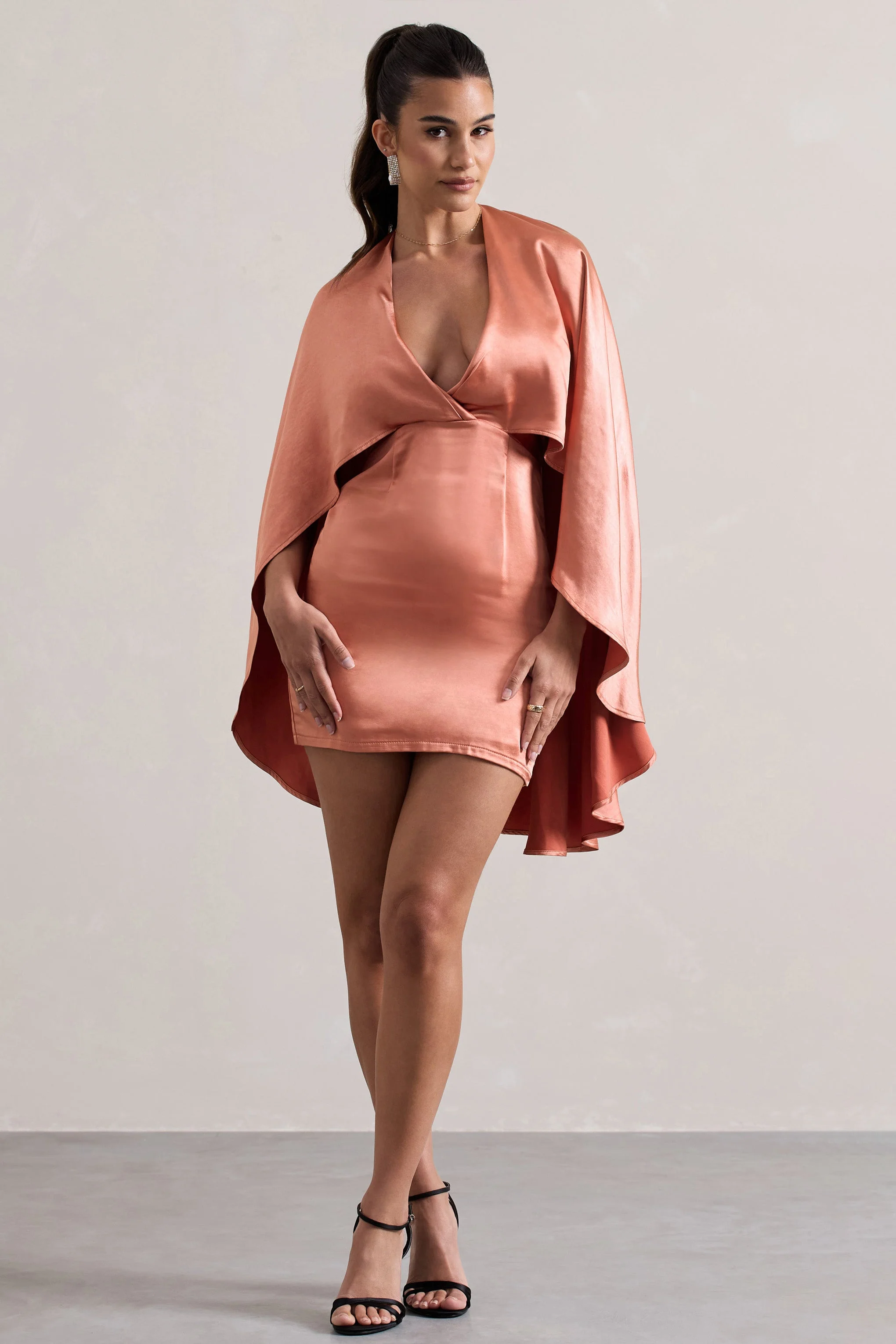 Olsen | Coral Satin Plunge-Neck Cape Mini Dress - Image 5