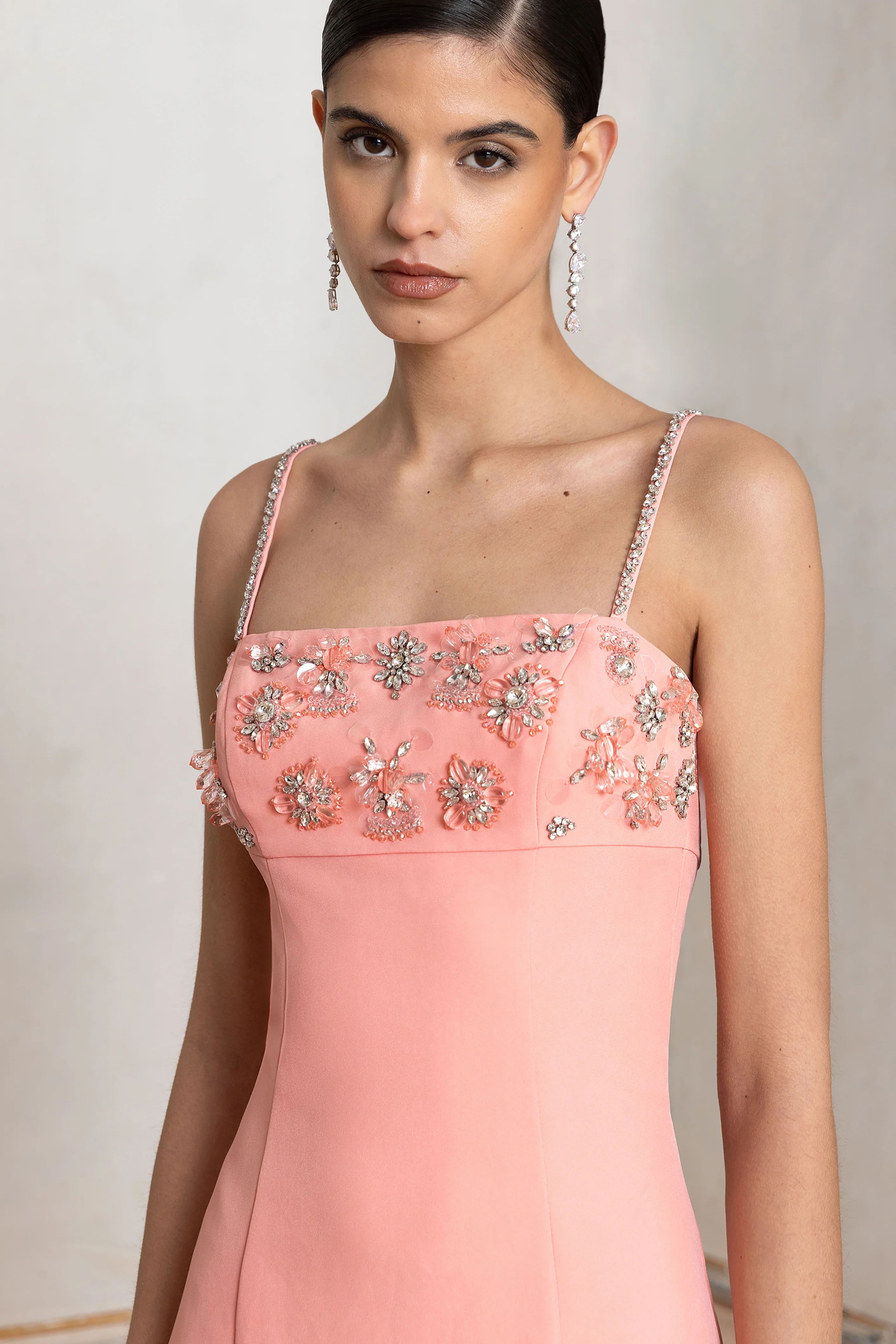 One To Remember | Coral Square-Neck Embellished Midi Dress - Image 2