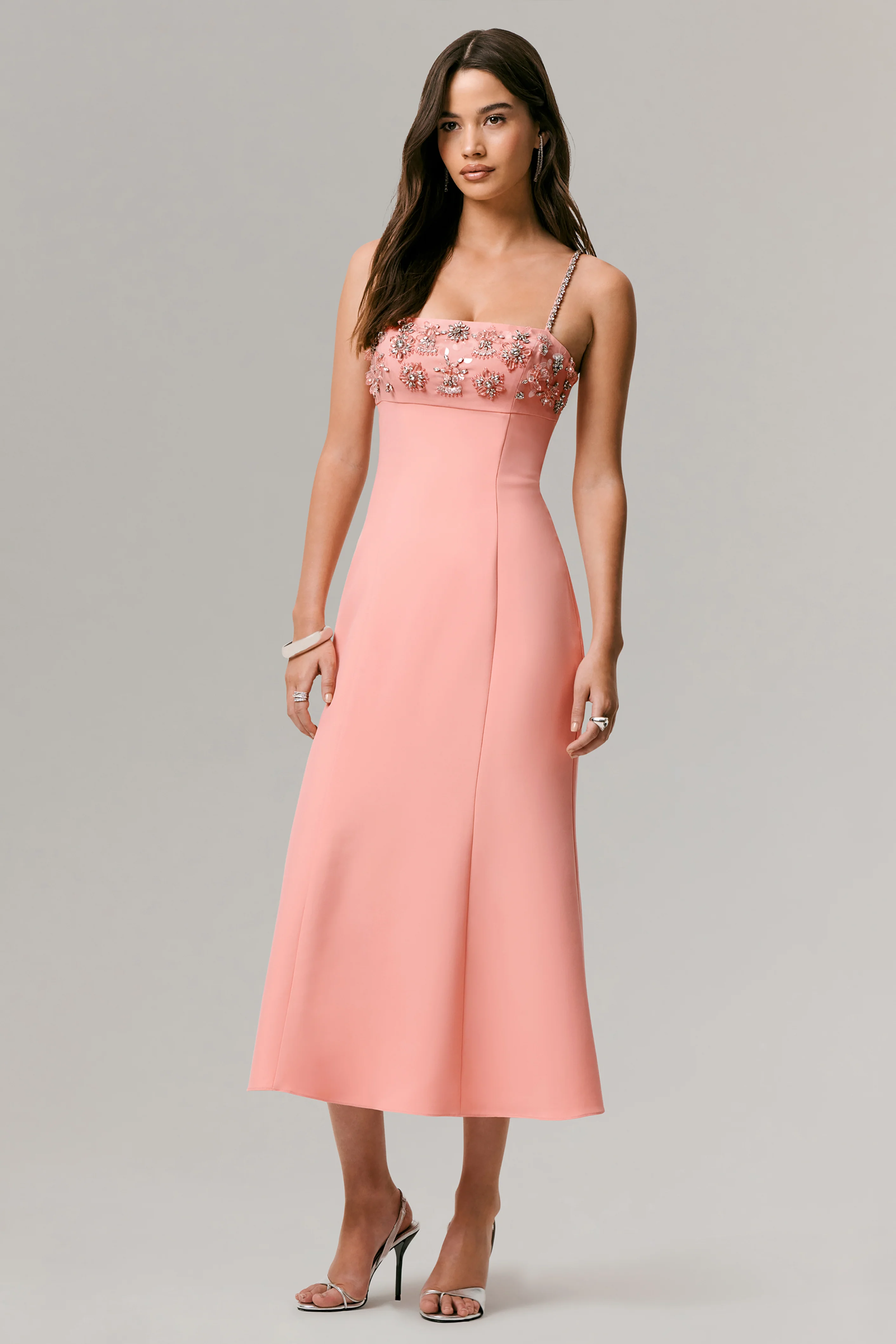 One To Remember | Coral Square-Neck Embellished Midi Dress - Image 3