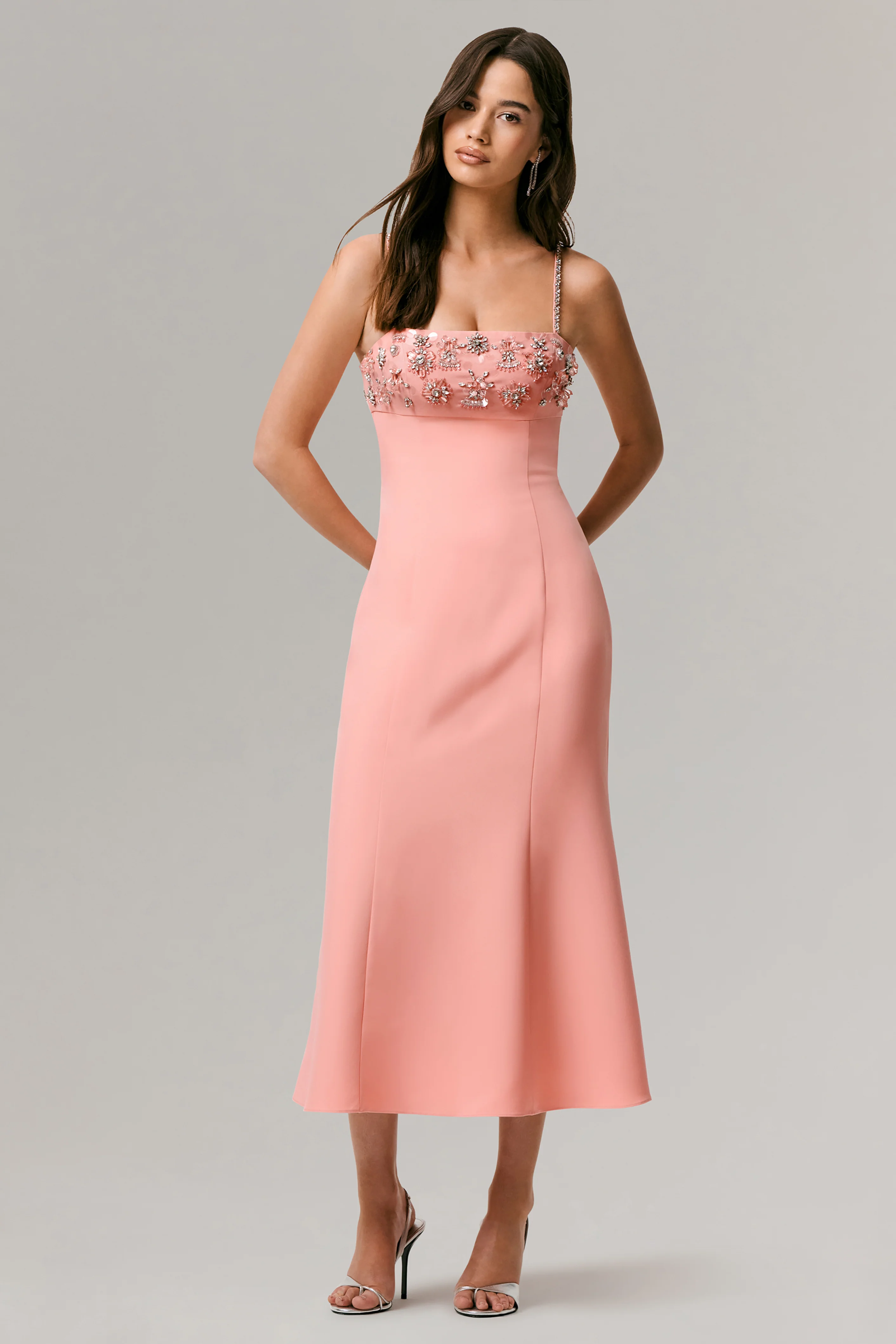 One To Remember | Coral Square-Neck Embellished Midi Dress - Image 5
