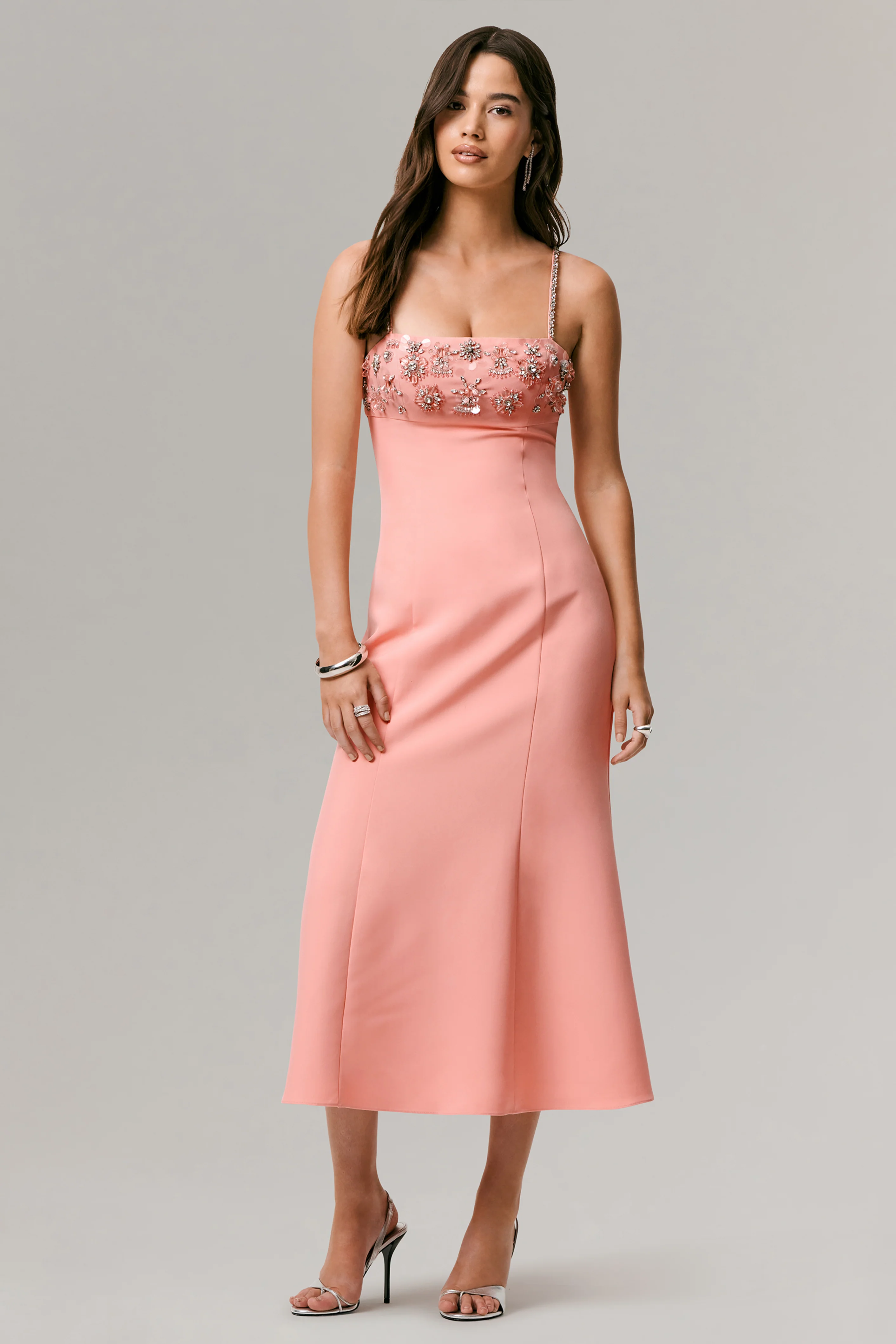 One To Remember | Coral Square-Neck Embellished Midi Dress - Image 6