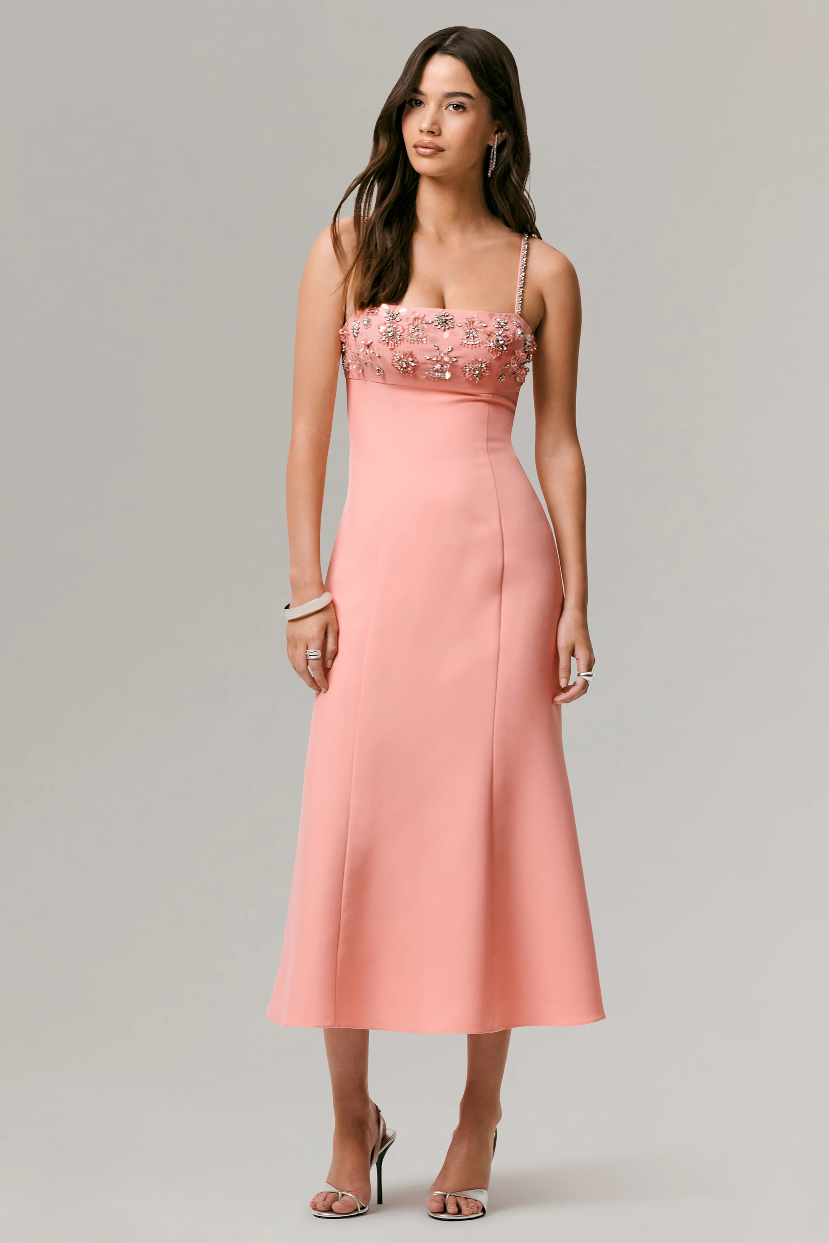 One To Remember | Coral Square-Neck Embellished Midi Dress - Image 7