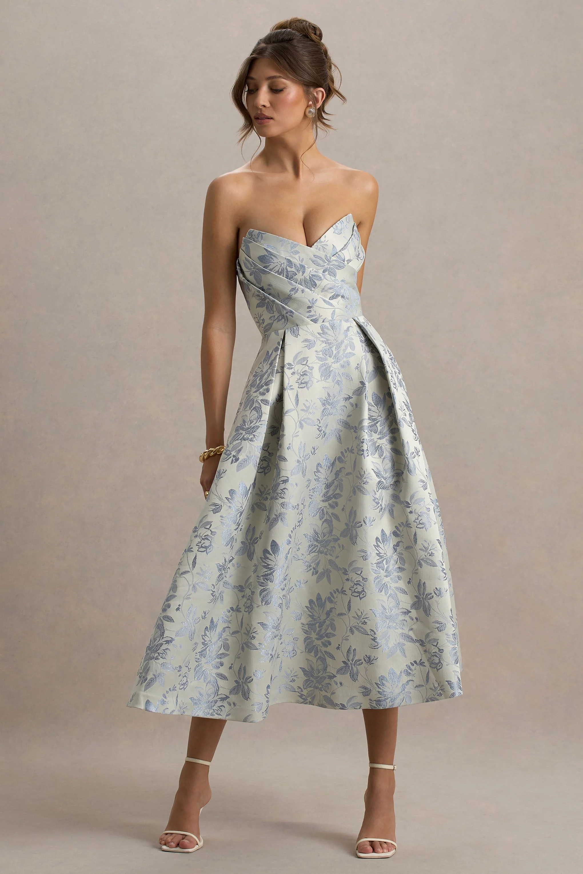 One Wish | Light Blue Jacquard Sweetheart Midi Dress - Image 4