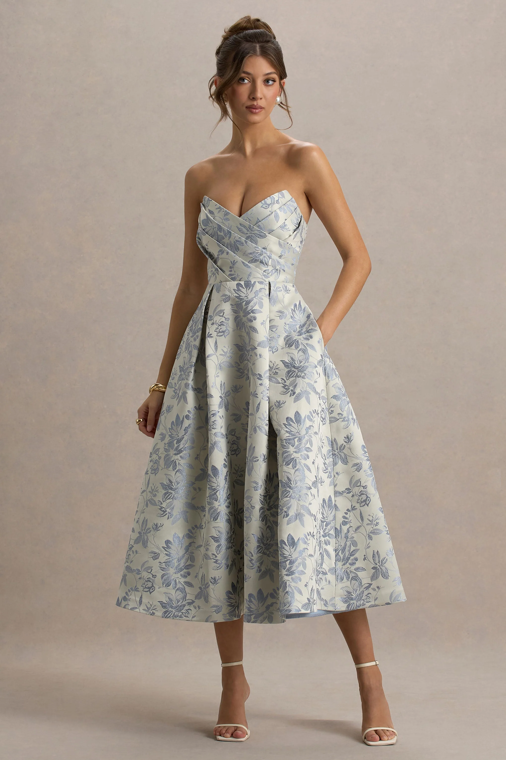 One Wish | Light Blue Jacquard Sweetheart Midi Dress - Image 5