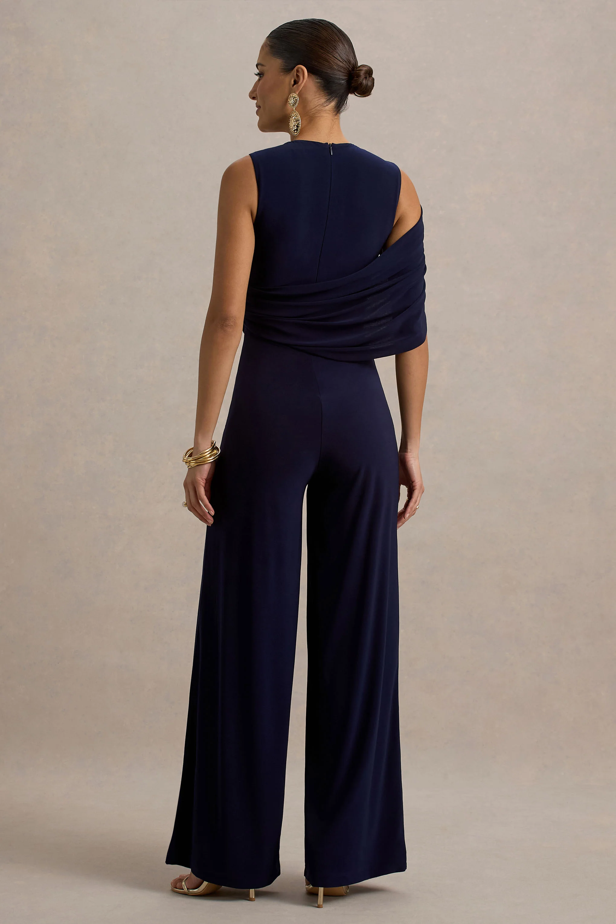 Opulence | Navy Jumpsuit With Cape Sleeve and Draped Details - Image 2