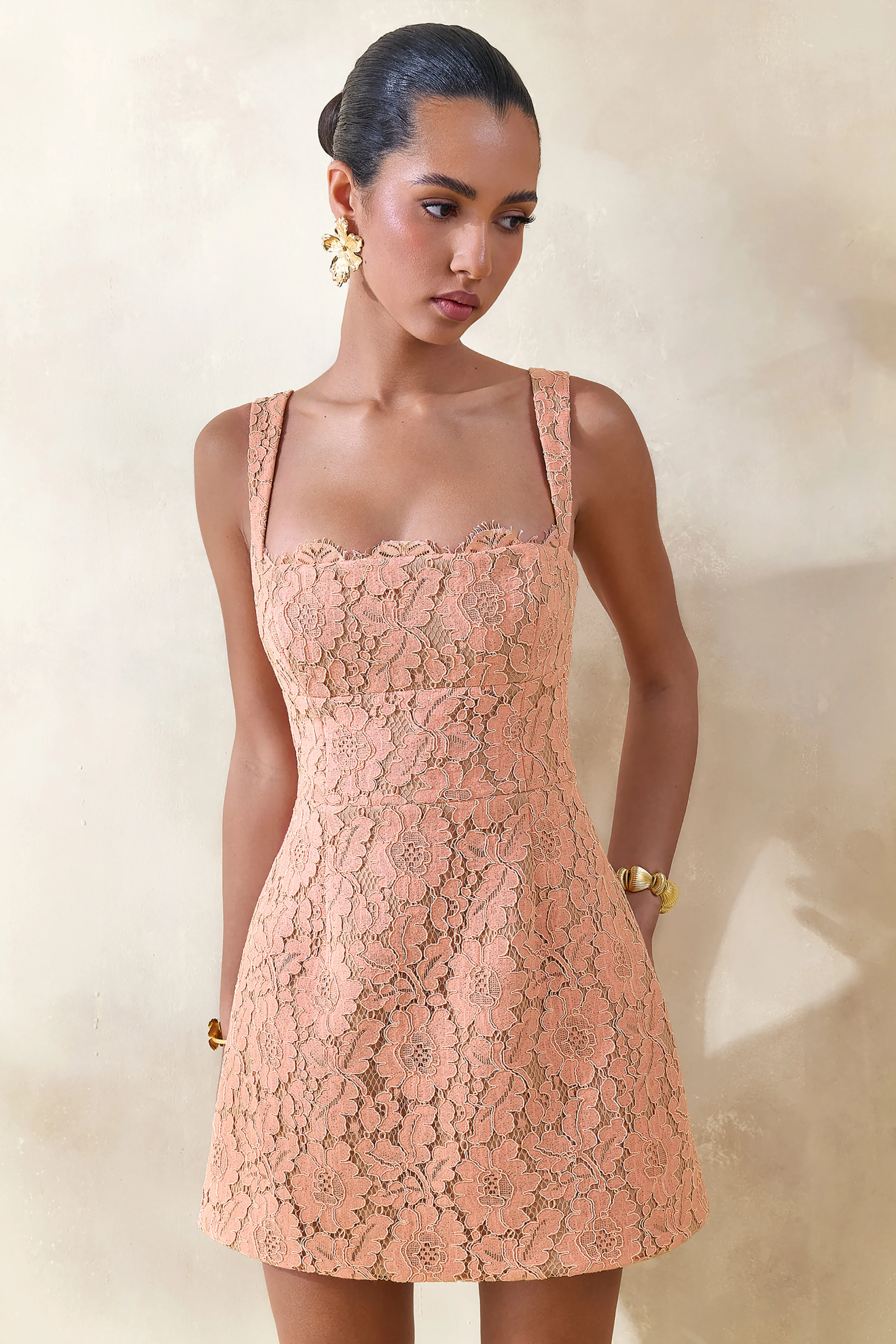 Orelisse | Coral Lace Square-Neck Mini Dress - Image 3