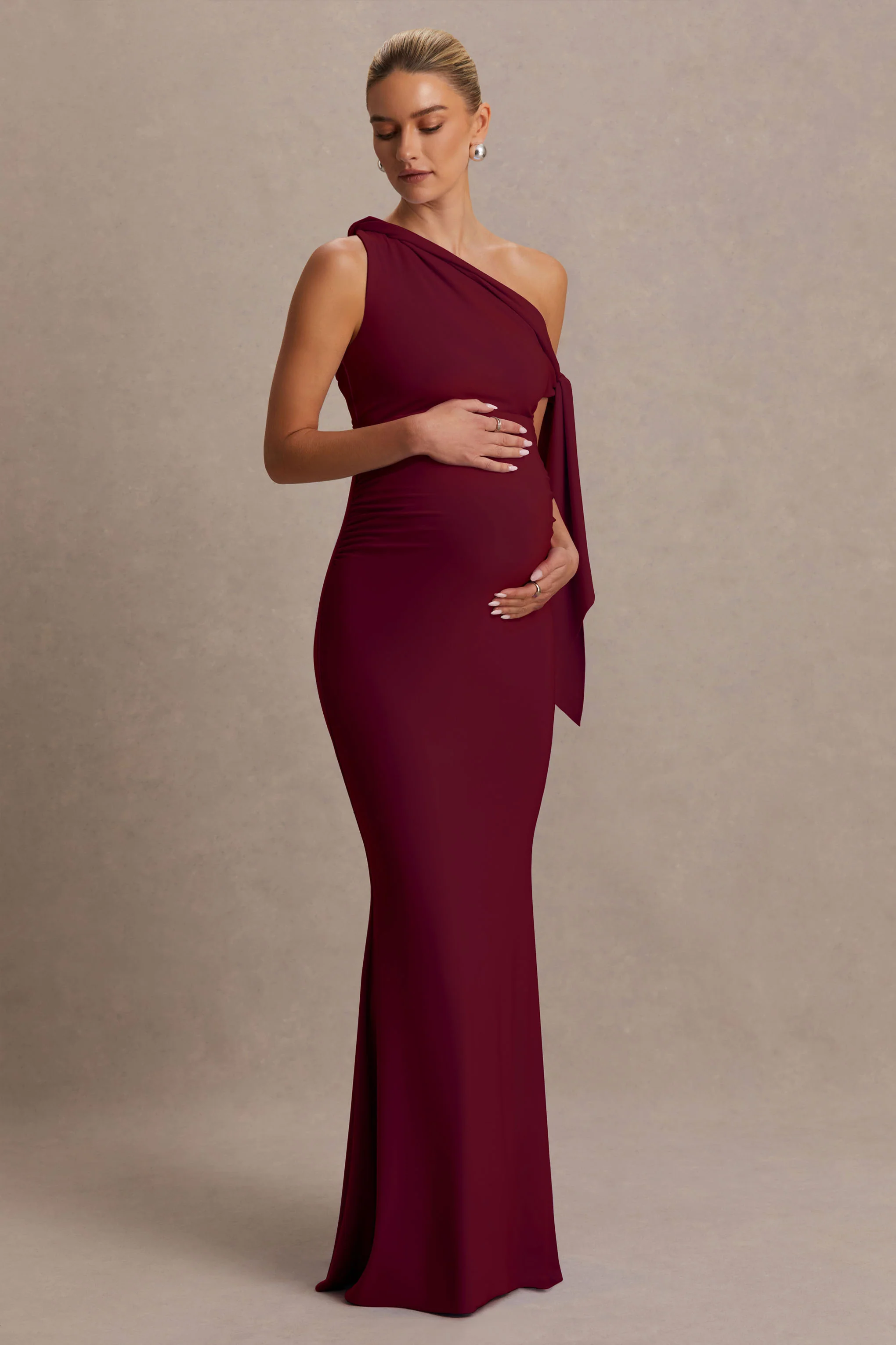 Orielle | Burgundy Asymmetric-Neck Maternity Maxi Dress With Knot-Sleeve And Sash - Image 4