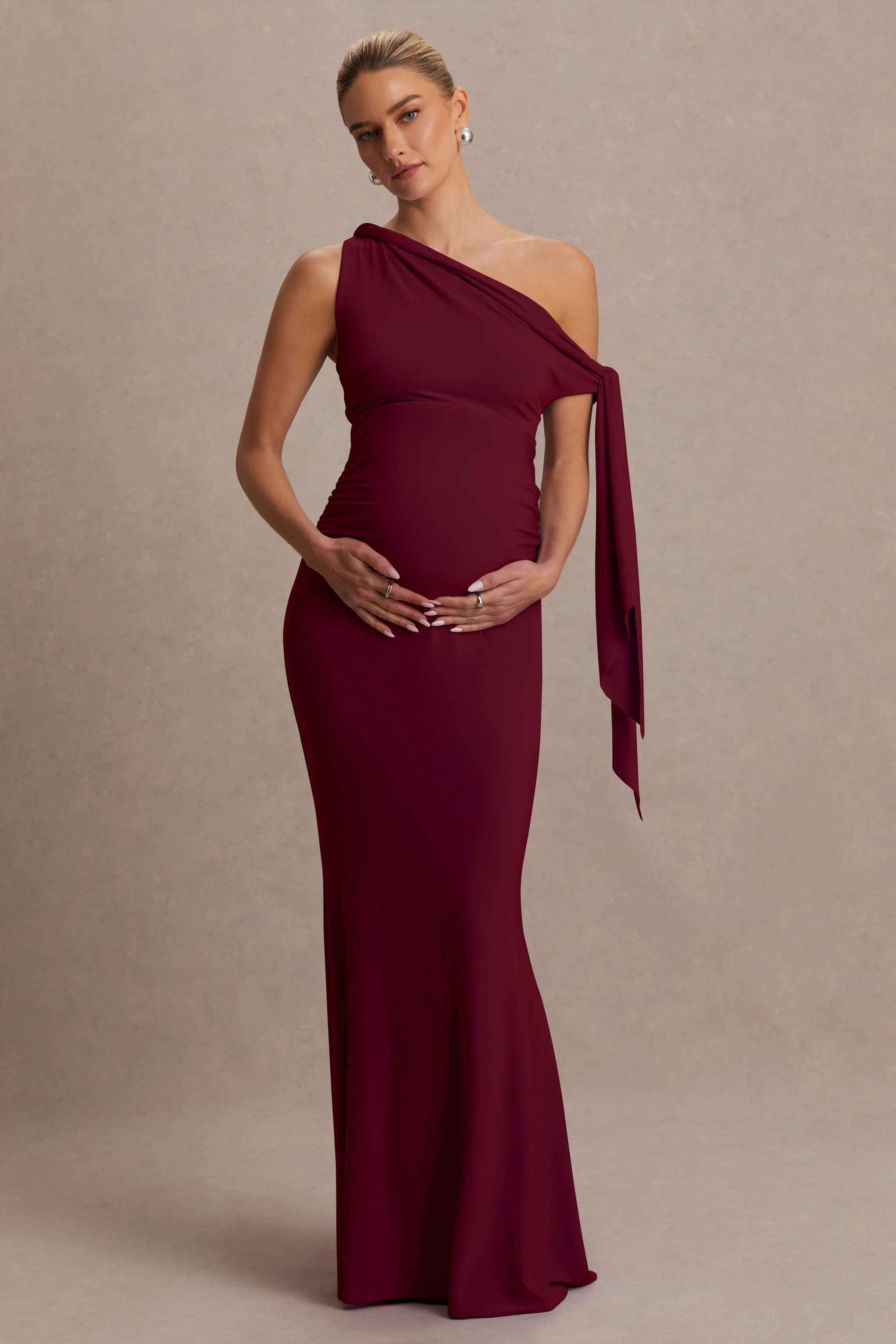 Orielle | Burgundy Asymmetric-Neck Maternity Maxi Dress With Knot-Sleeve And Sash - Image 5