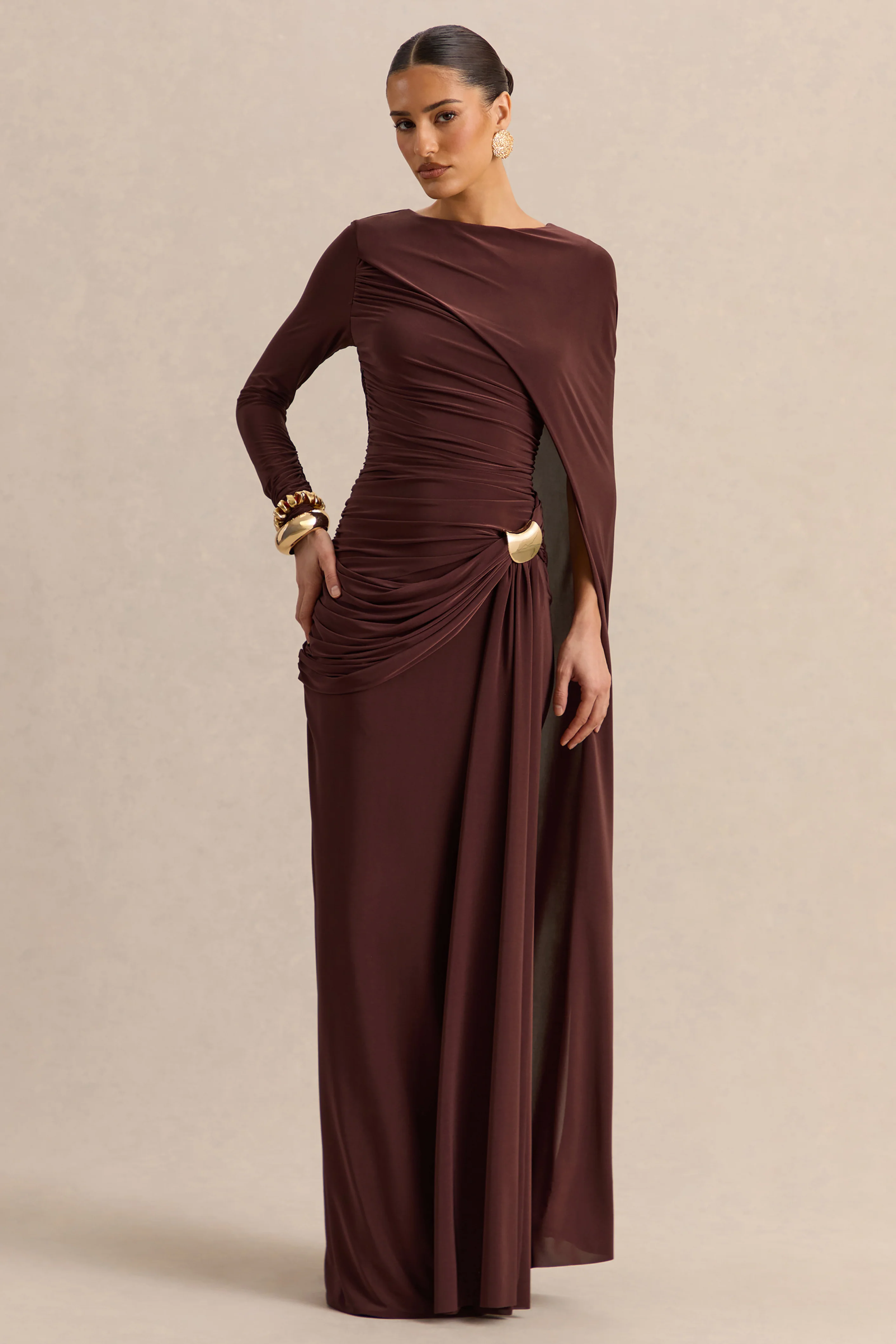 Orintha | Brown Slashed-Neck Maxi Dress With Cape And Gold-Detail