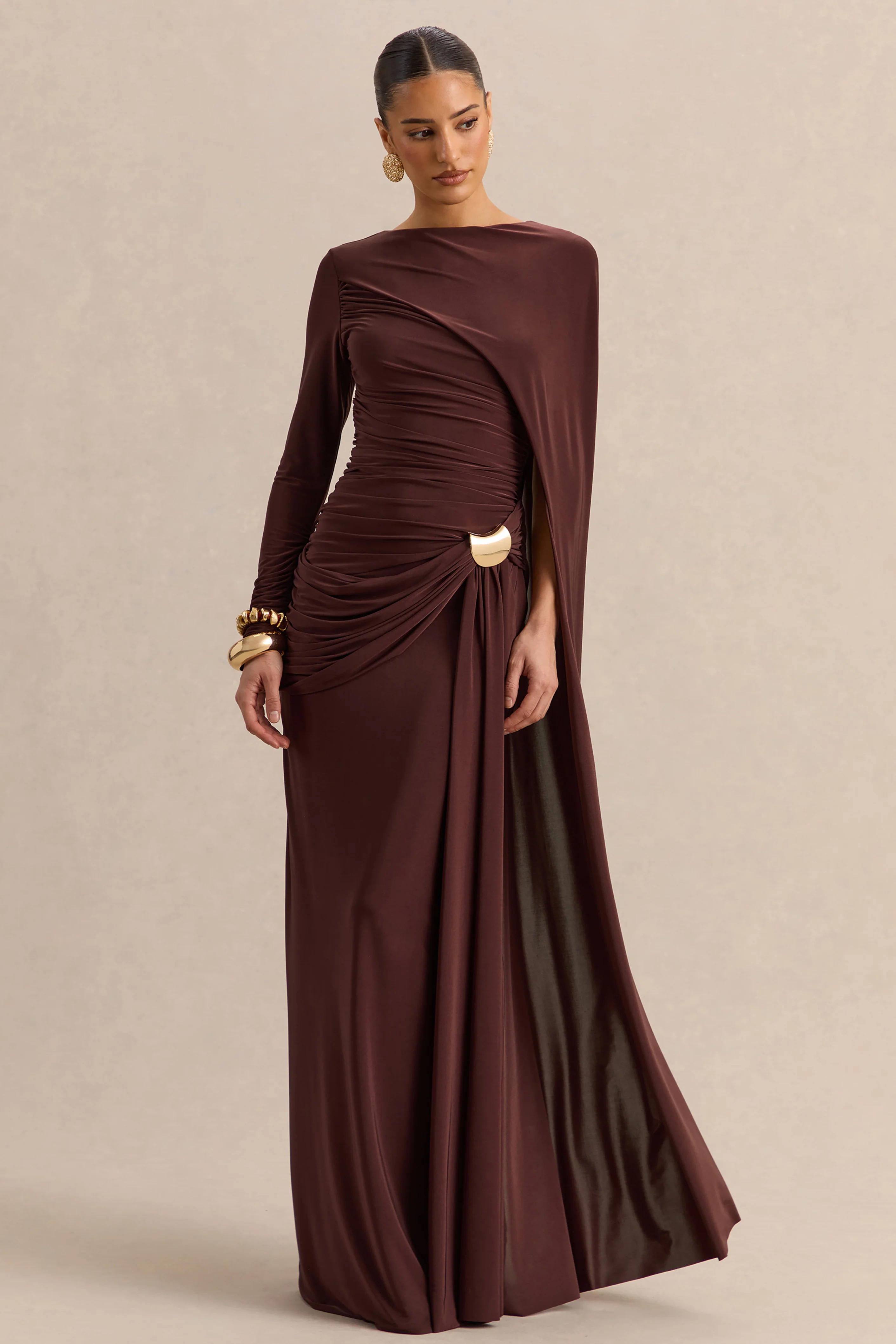 Orintha | Brown Slashed-Neck Maxi Dress With Cape And Gold-Detail - Image 4