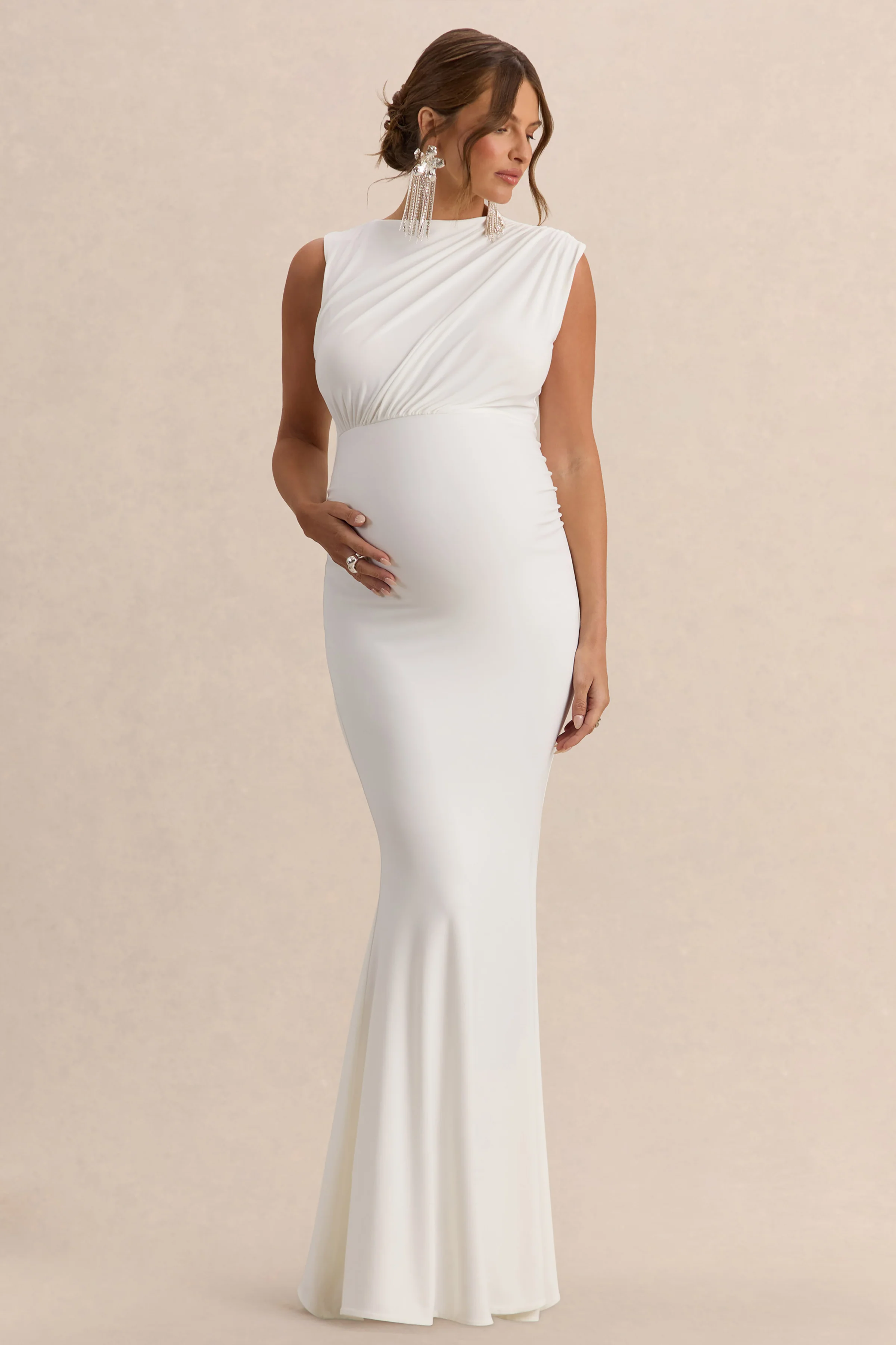 Osanna | White Wide-Neck Maternity Maxi Dress With Ruched Detailing
