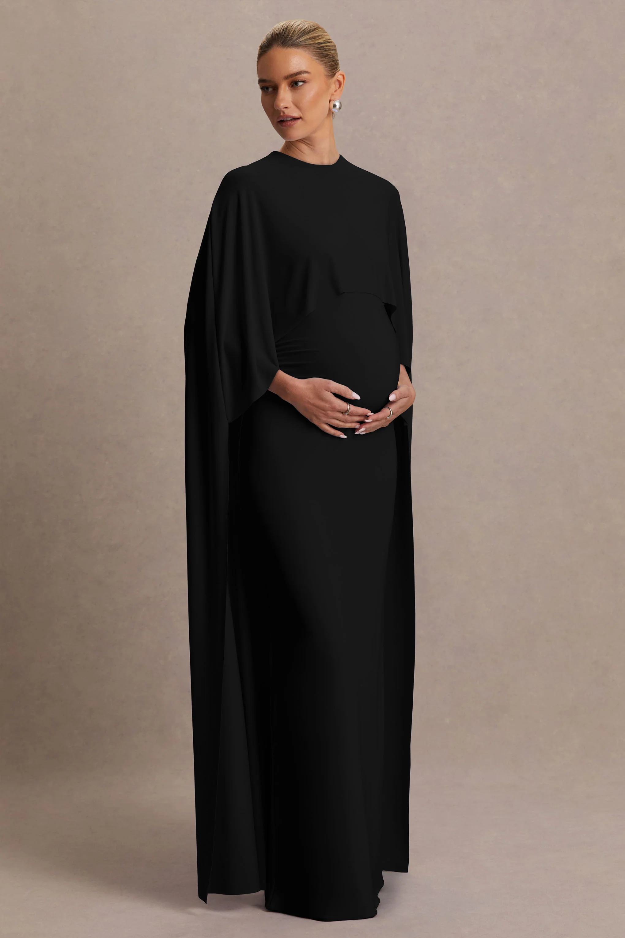 Padma | Black Draped Maternity Maxi Dress With Cape Sleeves - Image 4