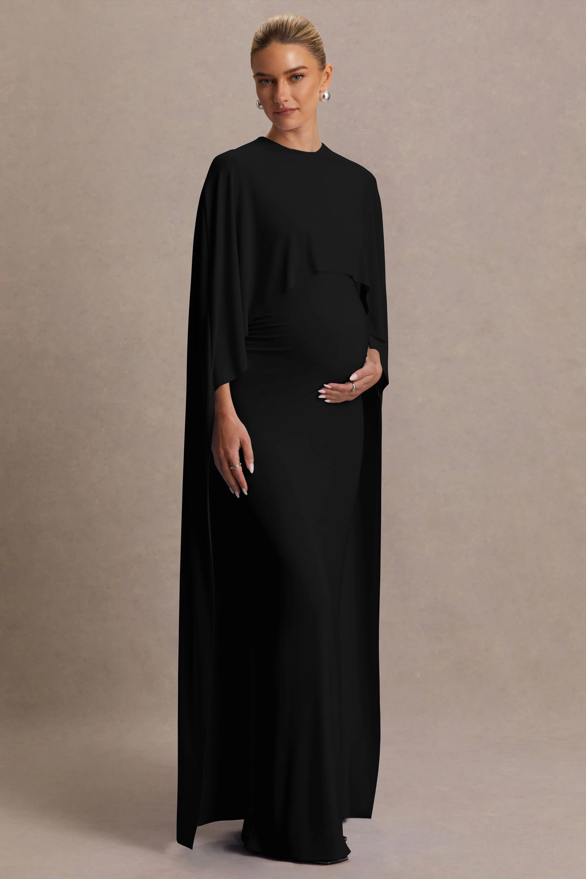 Padma | Black Draped Maternity Maxi Dress With Cape Sleeves - Image 5