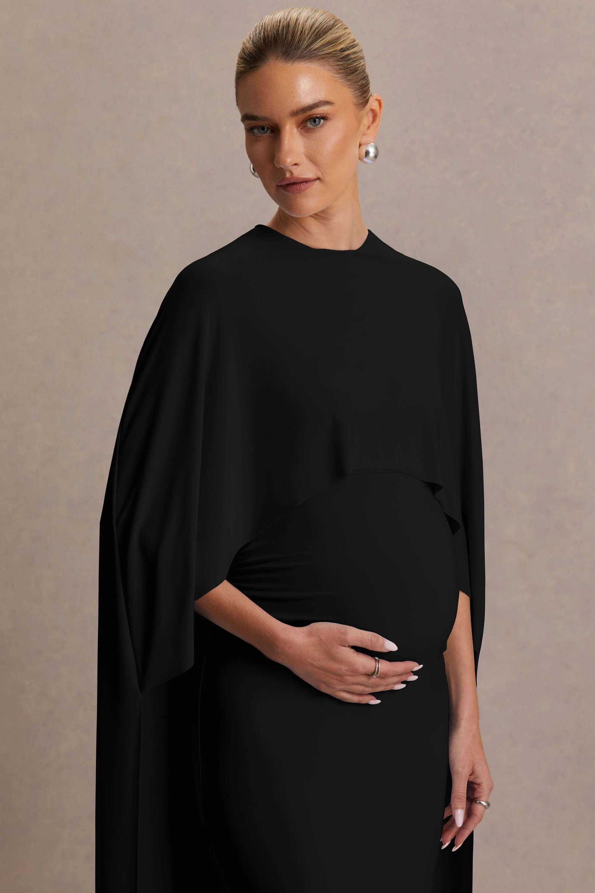 Padma | Black Draped Maternity Maxi Dress With Cape Sleeves - Image 6