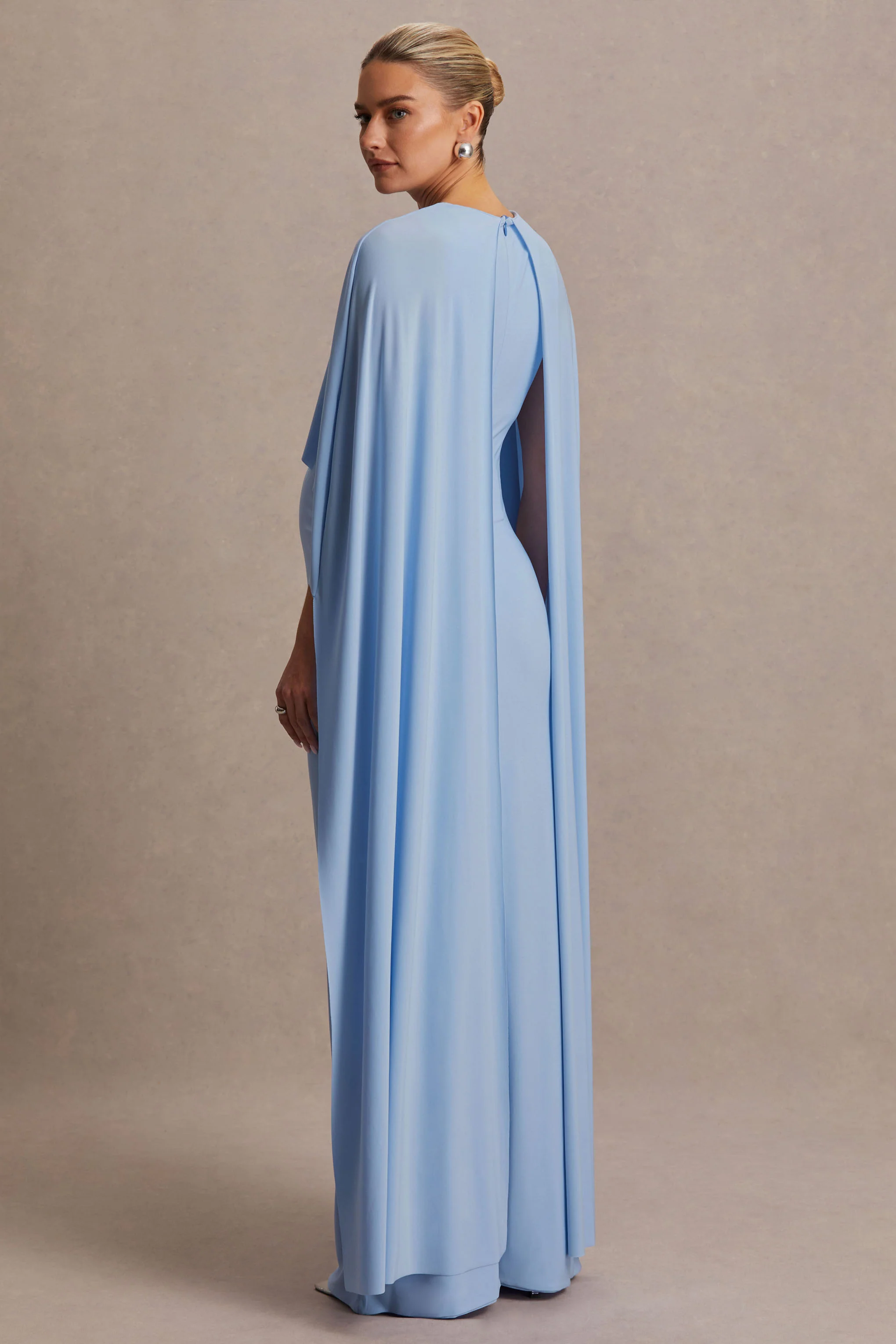 Padma | Powder Blue Draped Maternity Maxi Dress With Cape Sleeves - Image 2
