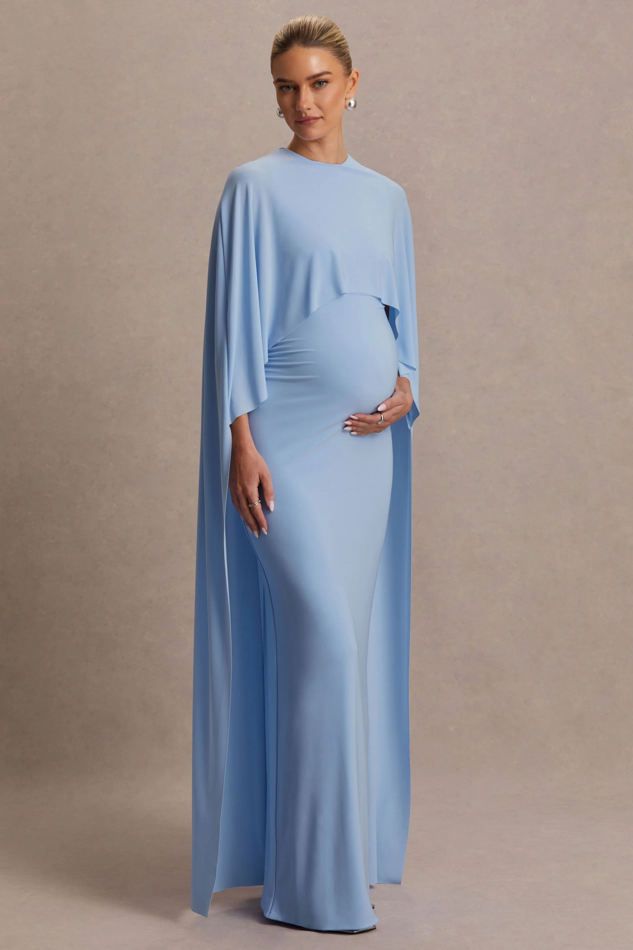 Padma | Powder Blue Draped Maternity Maxi Dress With Cape Sleeves - Image 5